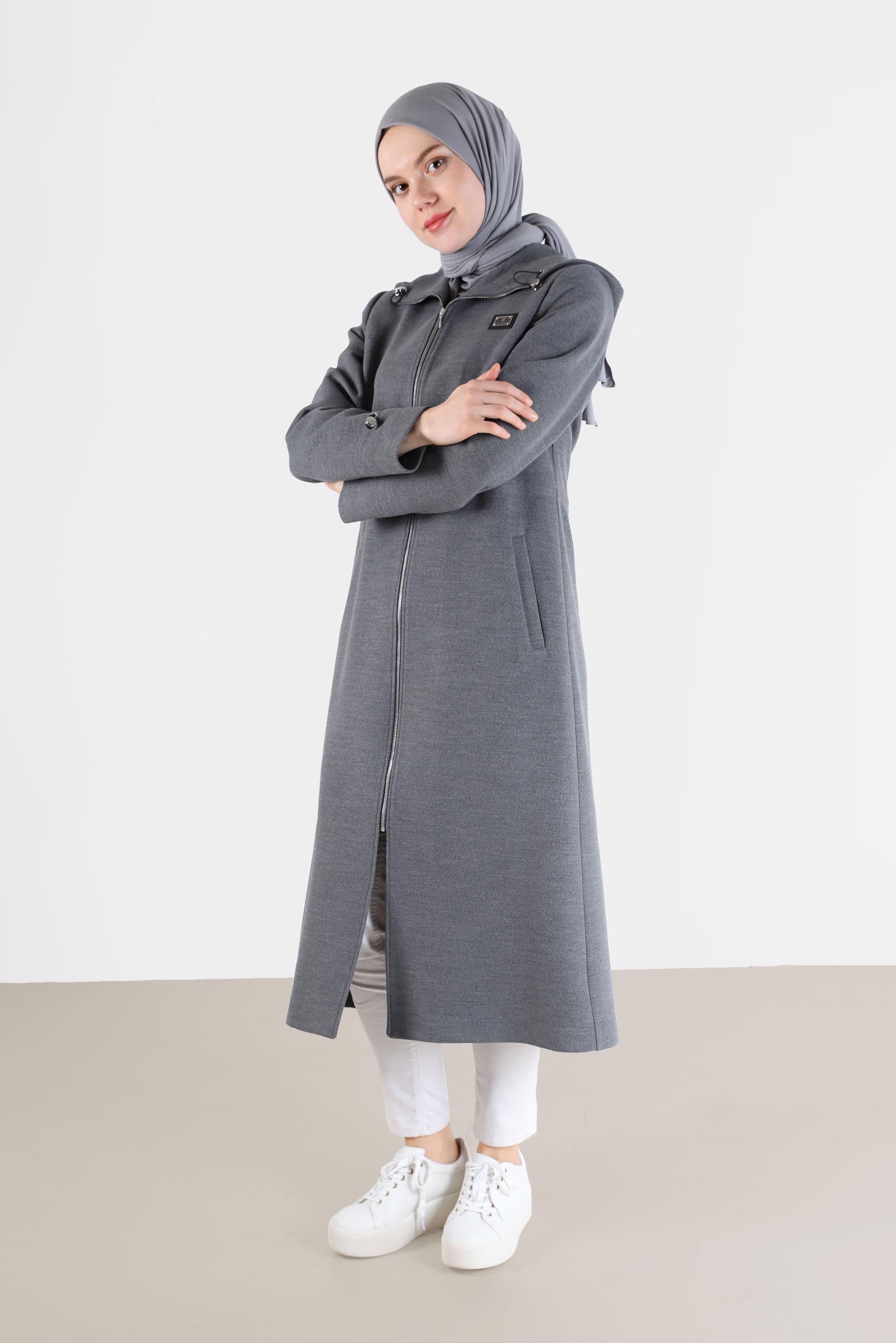 Hijab clothing GREY GATHERED WAIST HOODED COAT 90236 