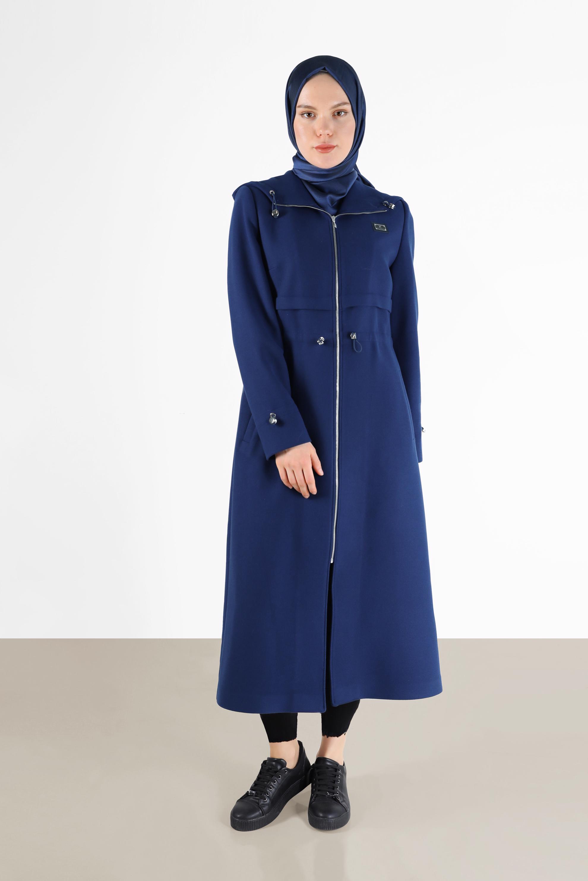 Hijab clothing BLUE GATHERED WAIST HOODED COAT 90236 