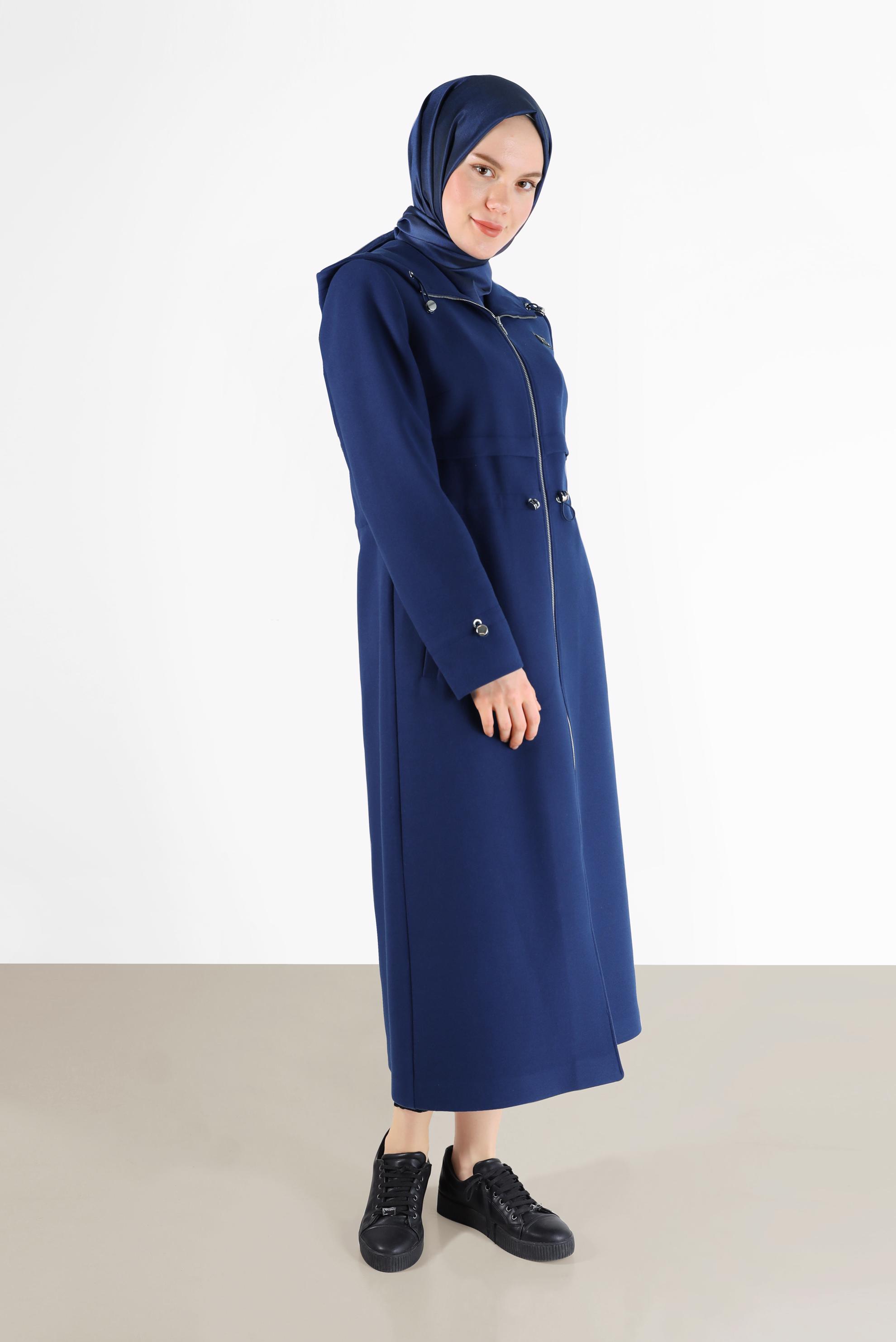 Hijab clothing BLUE GATHERED WAIST HOODED COAT 90236 