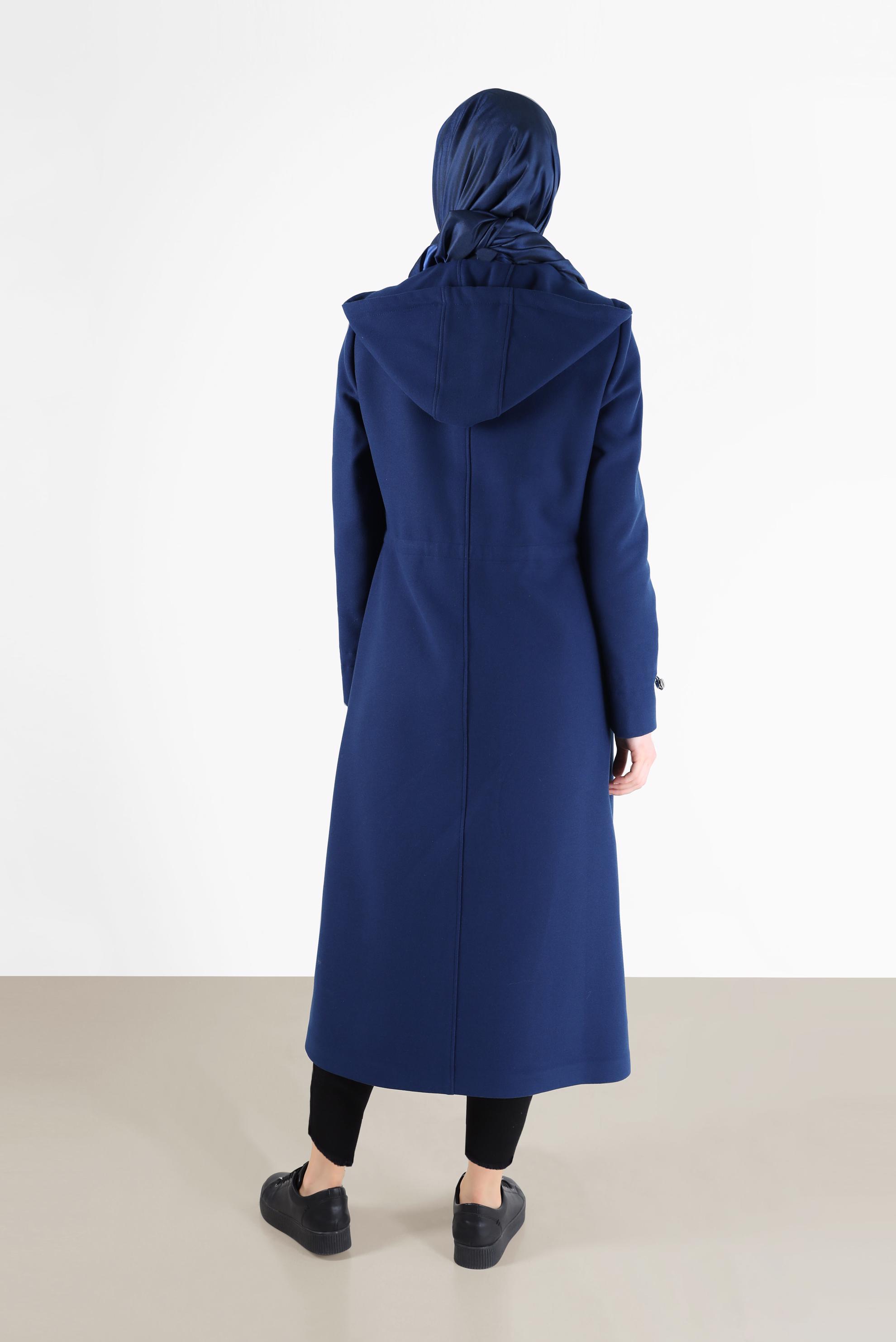 Hijab clothing BLUE GATHERED WAIST HOODED COAT 90236 