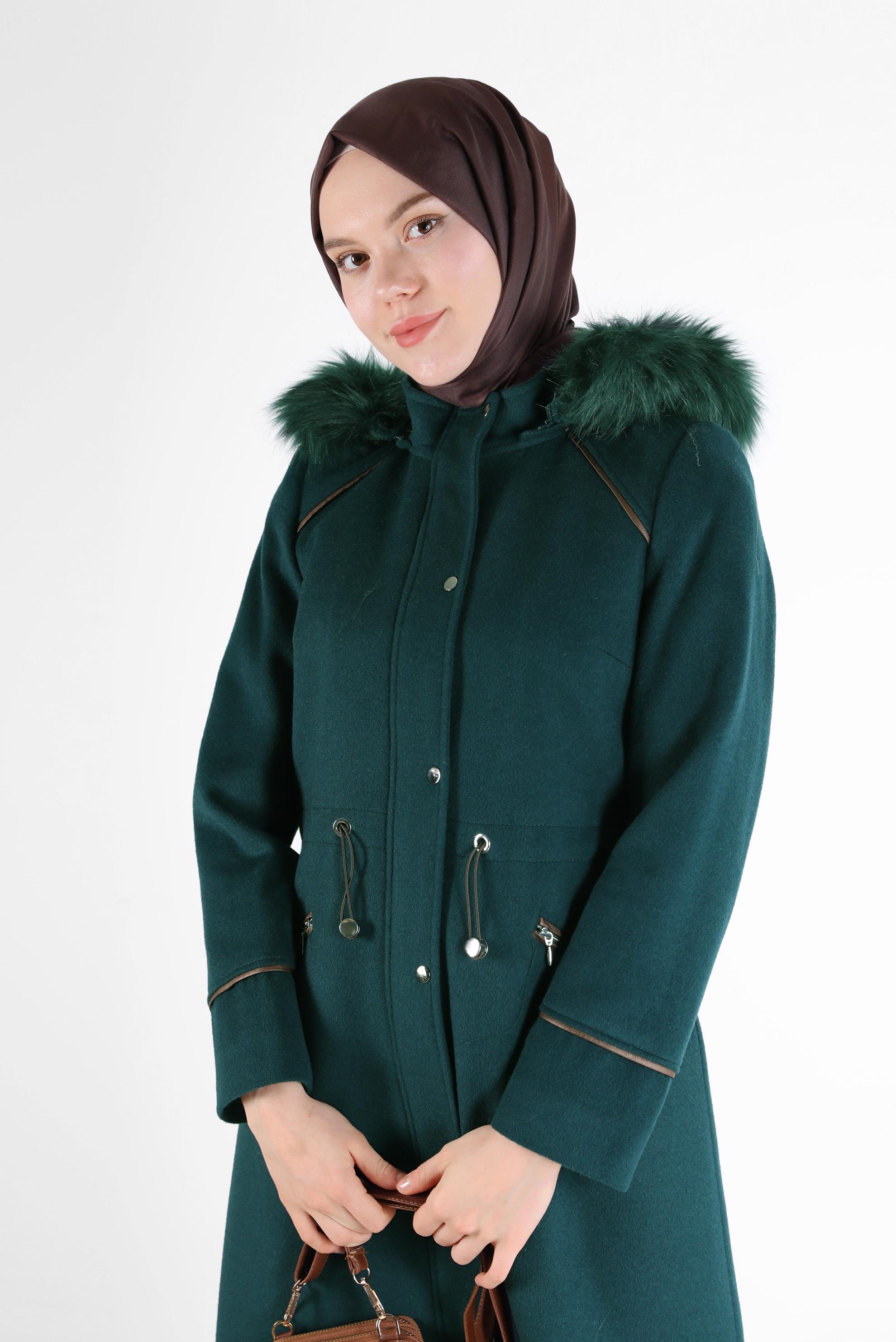 Hijab clothing GREEN GATHERED WAIST HOODED COAT 90239 