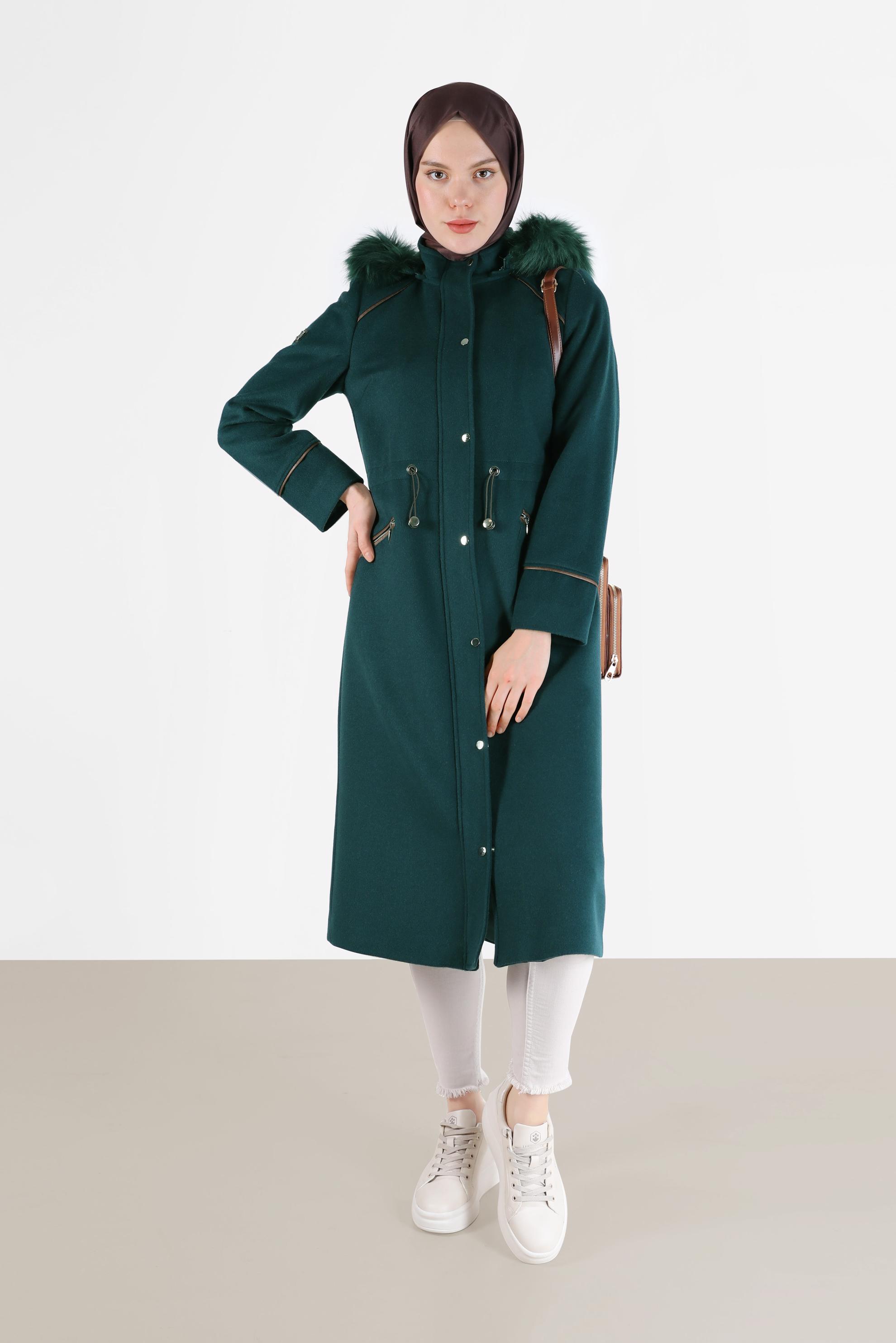 Hijab clothing GREEN GATHERED WAIST HOODED COAT 90239 