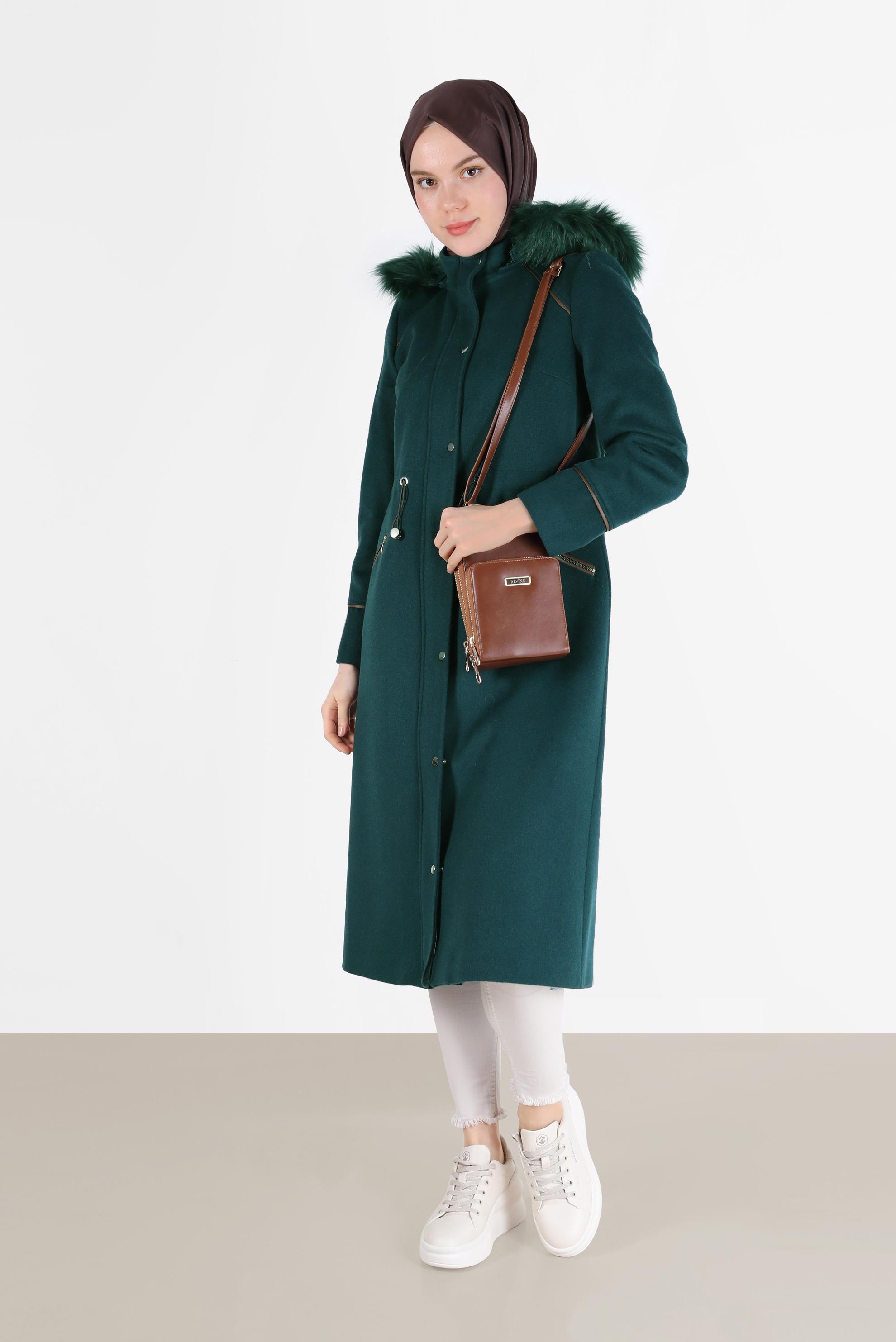 Hijab clothing GREEN GATHERED WAIST HOODED COAT 90239 