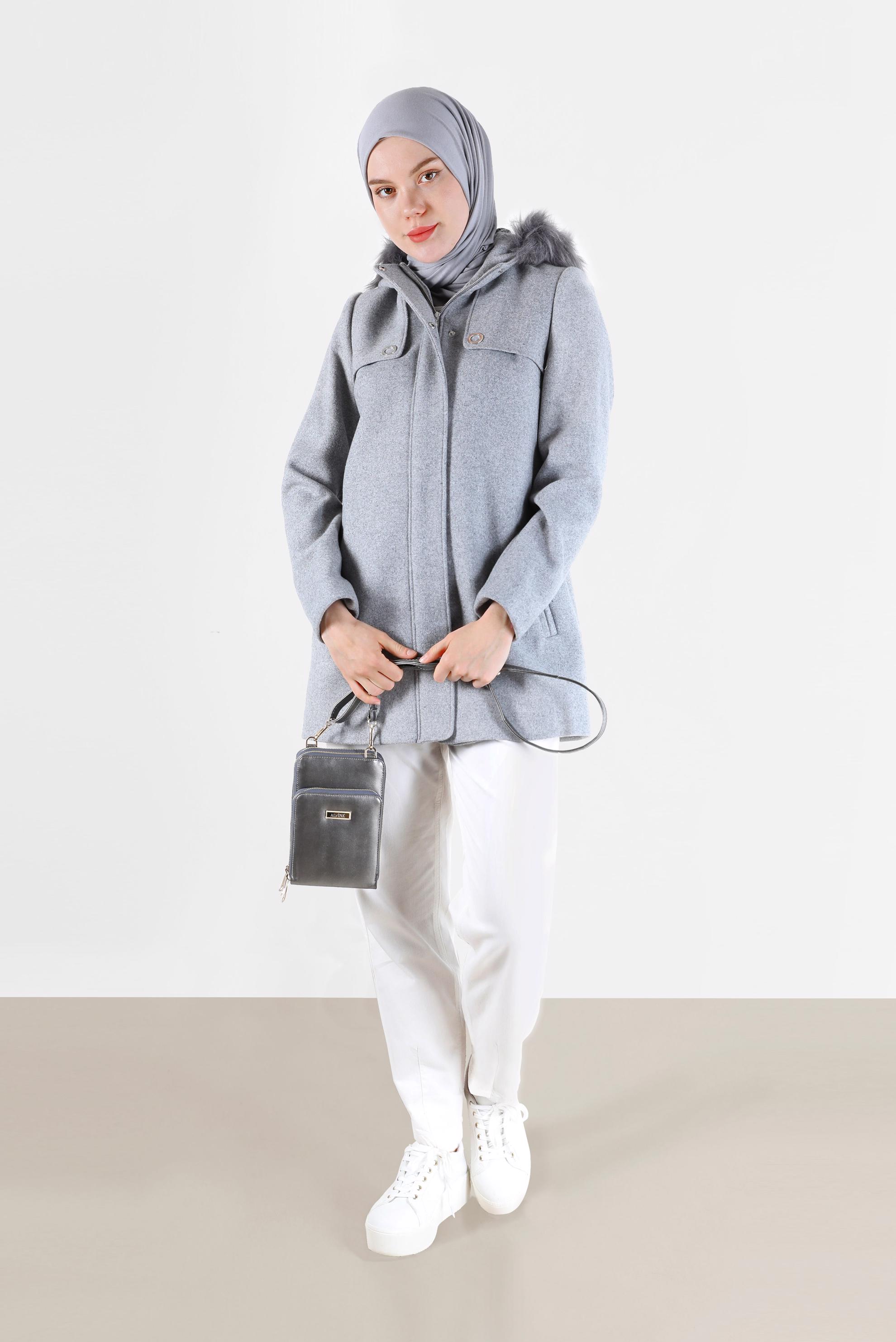 Hijab clothing GREY FURRY HOODED ZIPPERED COAT 90240 