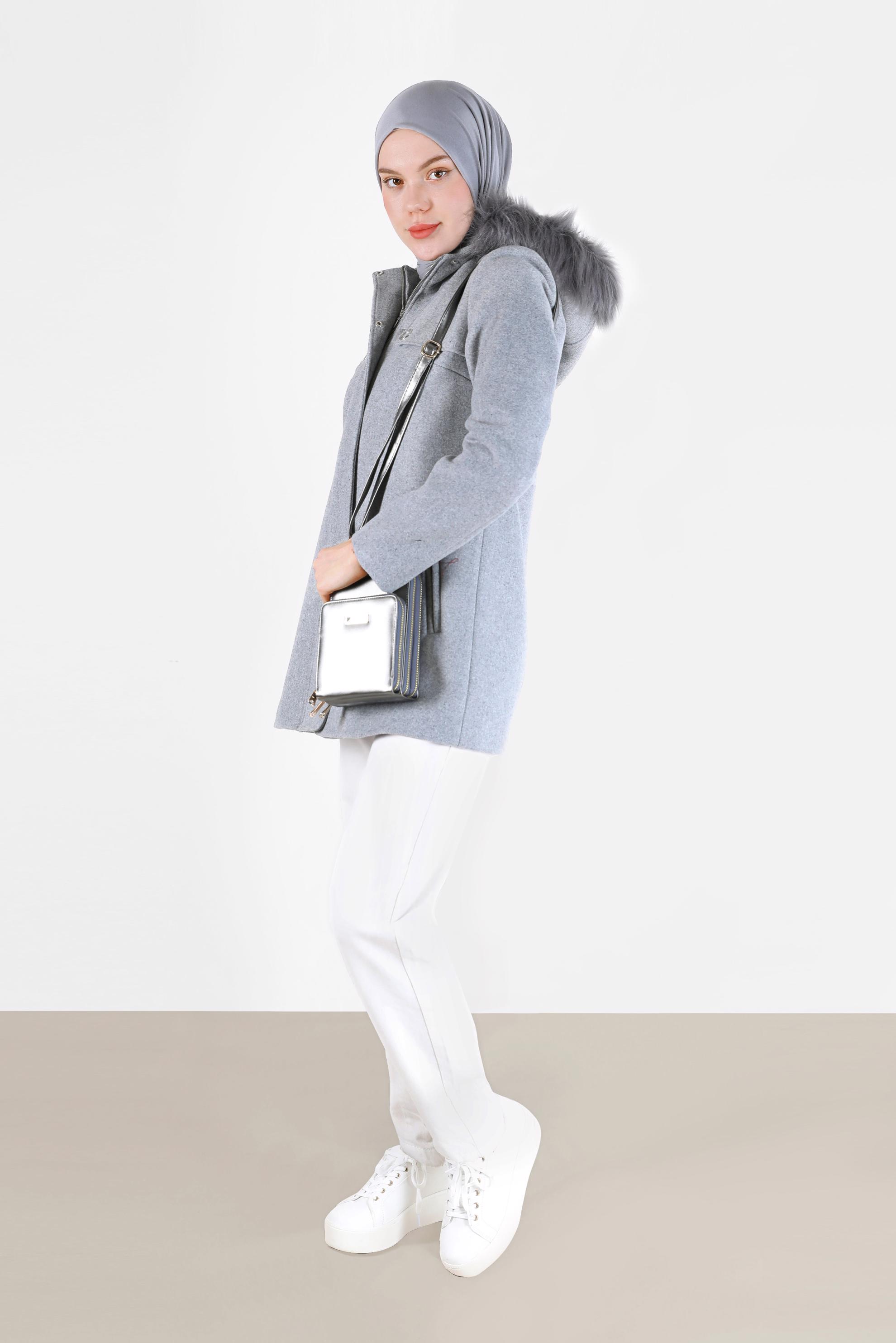 Hijab clothing GREY FURRY HOODED ZIPPERED COAT 90240 
