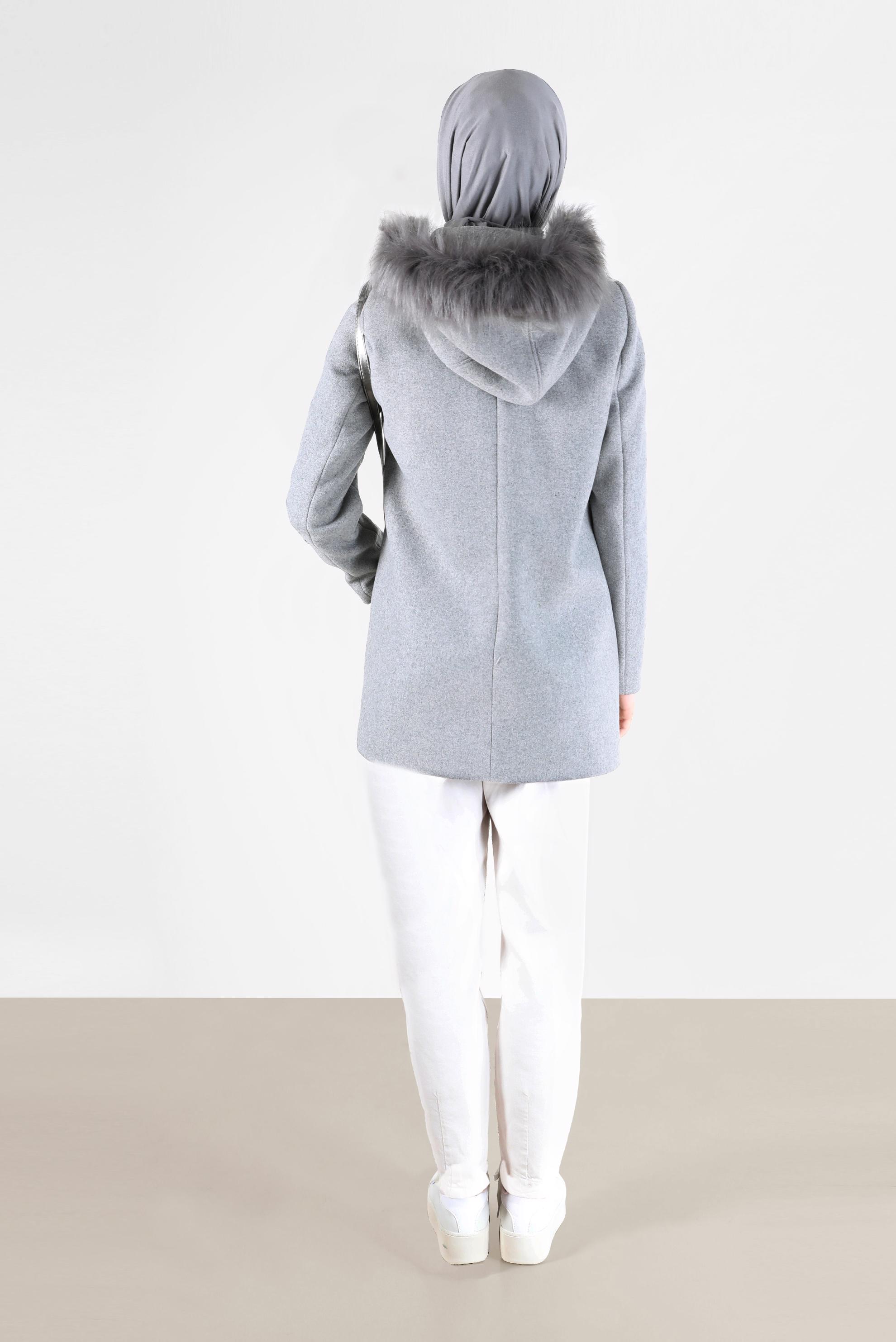 Hijab clothing GREY FURRY HOODED ZIPPERED COAT 90240 
