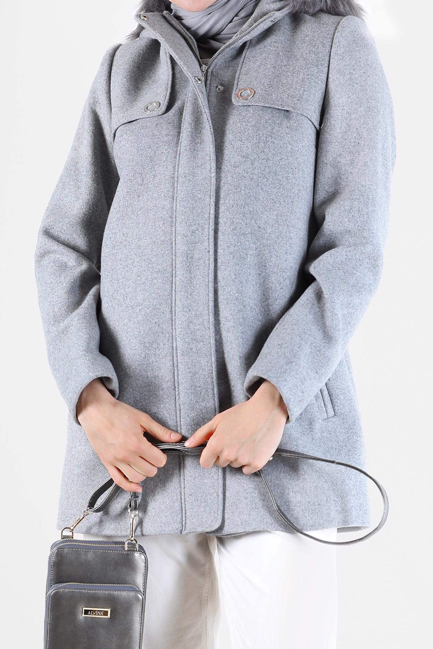 Hijab clothing GREY FURRY HOODED ZIPPERED COAT 90240 