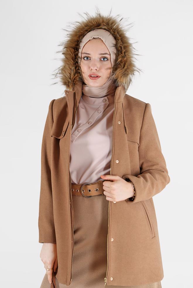 Vêtements hijab  MANTEAU ZIPPÉ À CAPUCHE FOURRURE 90240 - ALVİNA