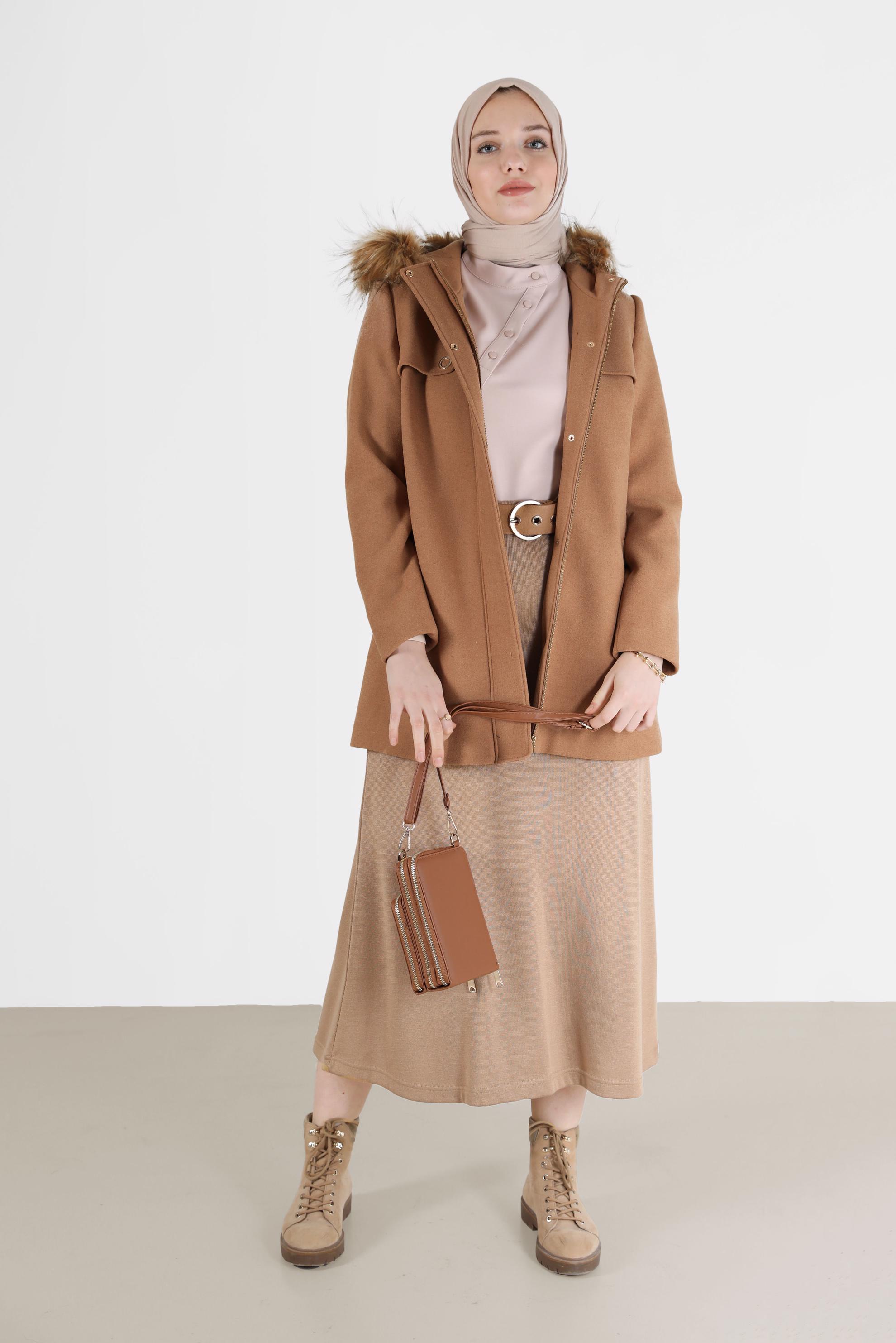 Vêtements hijab BRUN MANTEAU ZIPPÉ À CAPUCHE FOURRURE 90240