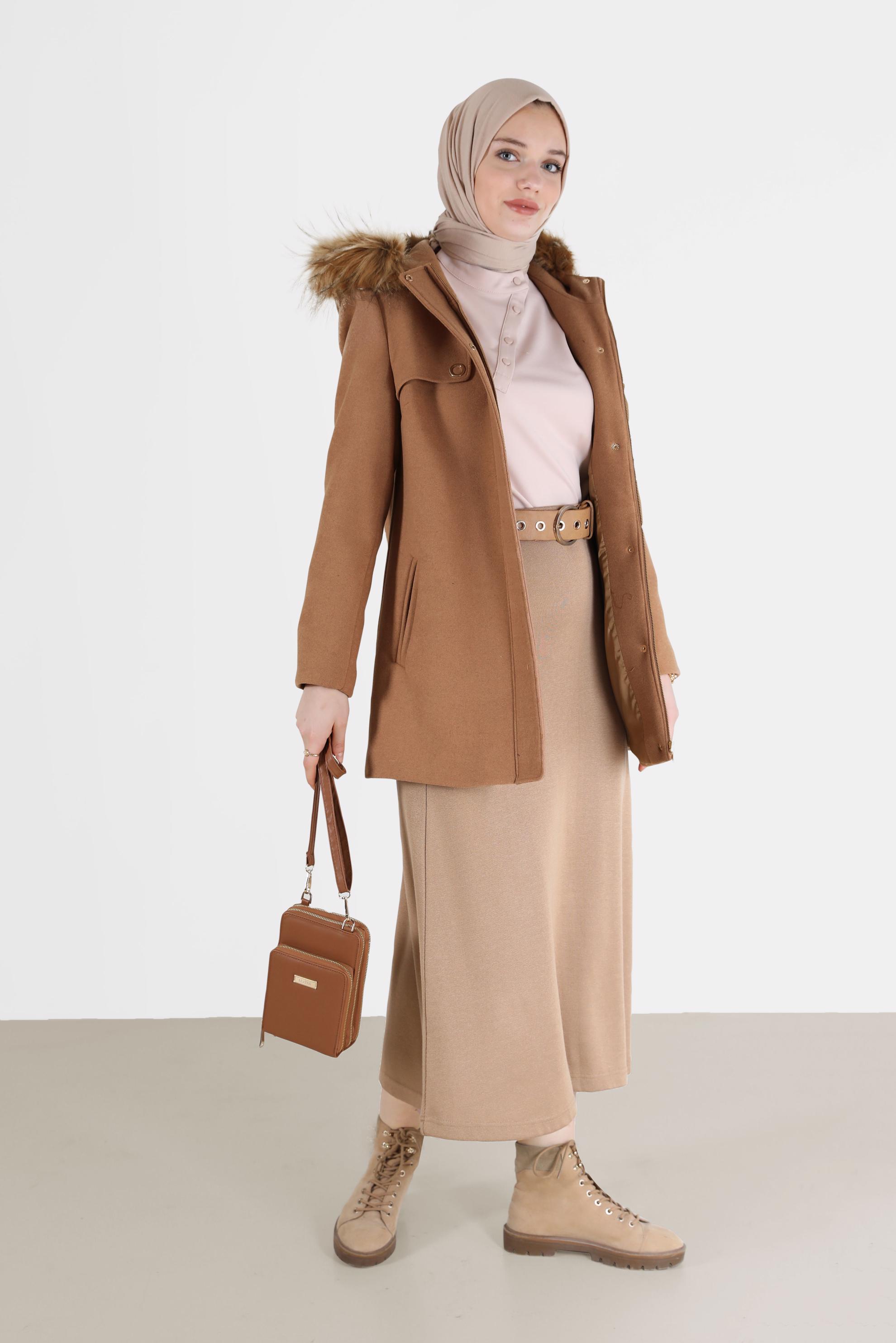 Vêtements hijab BRUN MANTEAU ZIPPÉ À CAPUCHE FOURRURE 90240