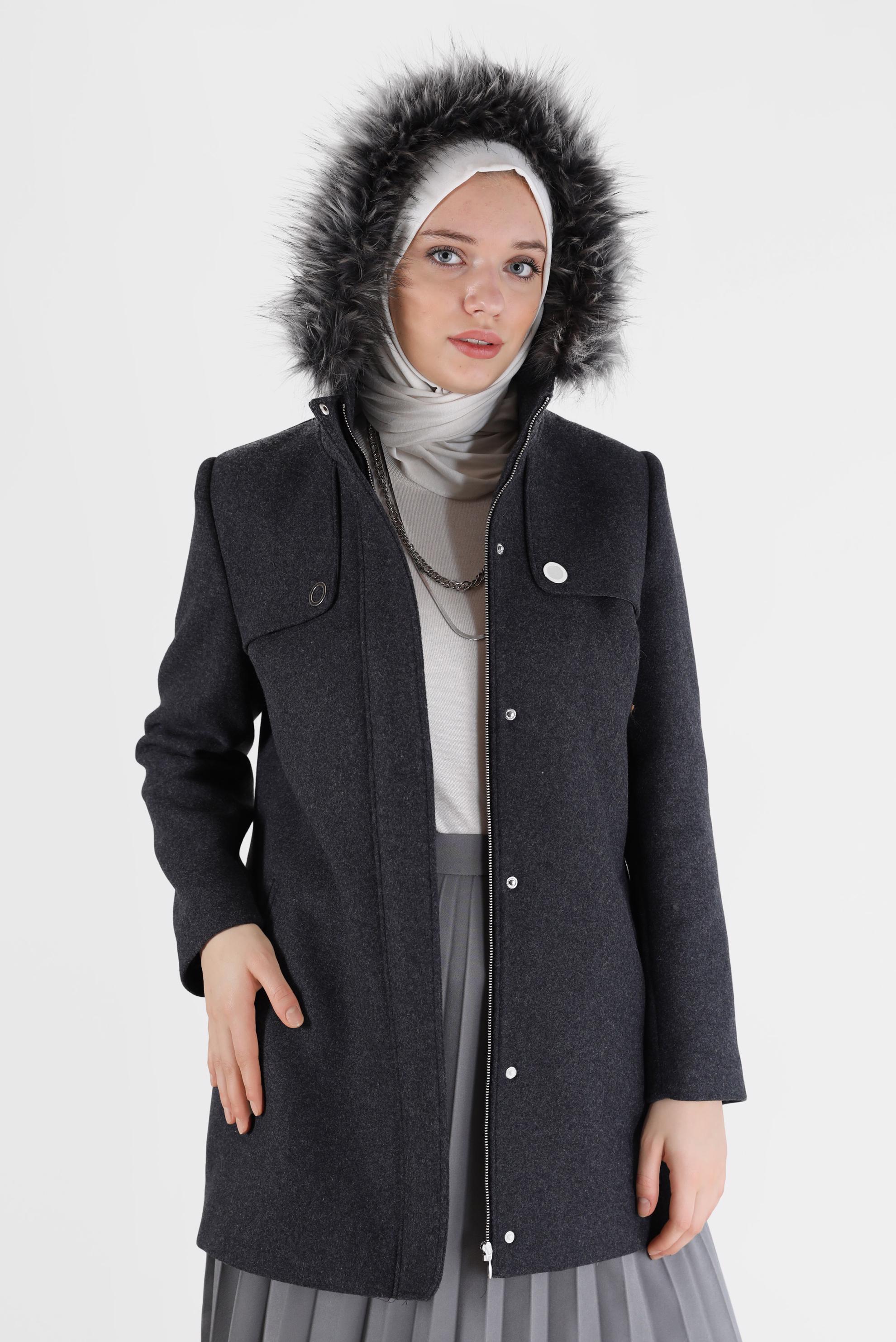 Vêtements hijab GRIS MANTEAU ZIPPÉ À CAPUCHE FOURRURE 90240