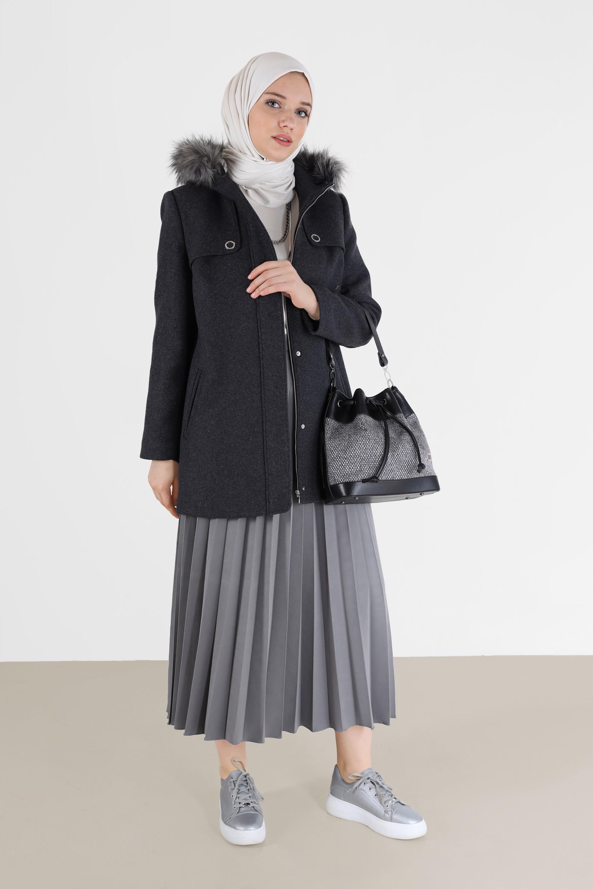 Vêtements hijab GRIS MANTEAU ZIPPÉ À CAPUCHE FOURRURE 90240