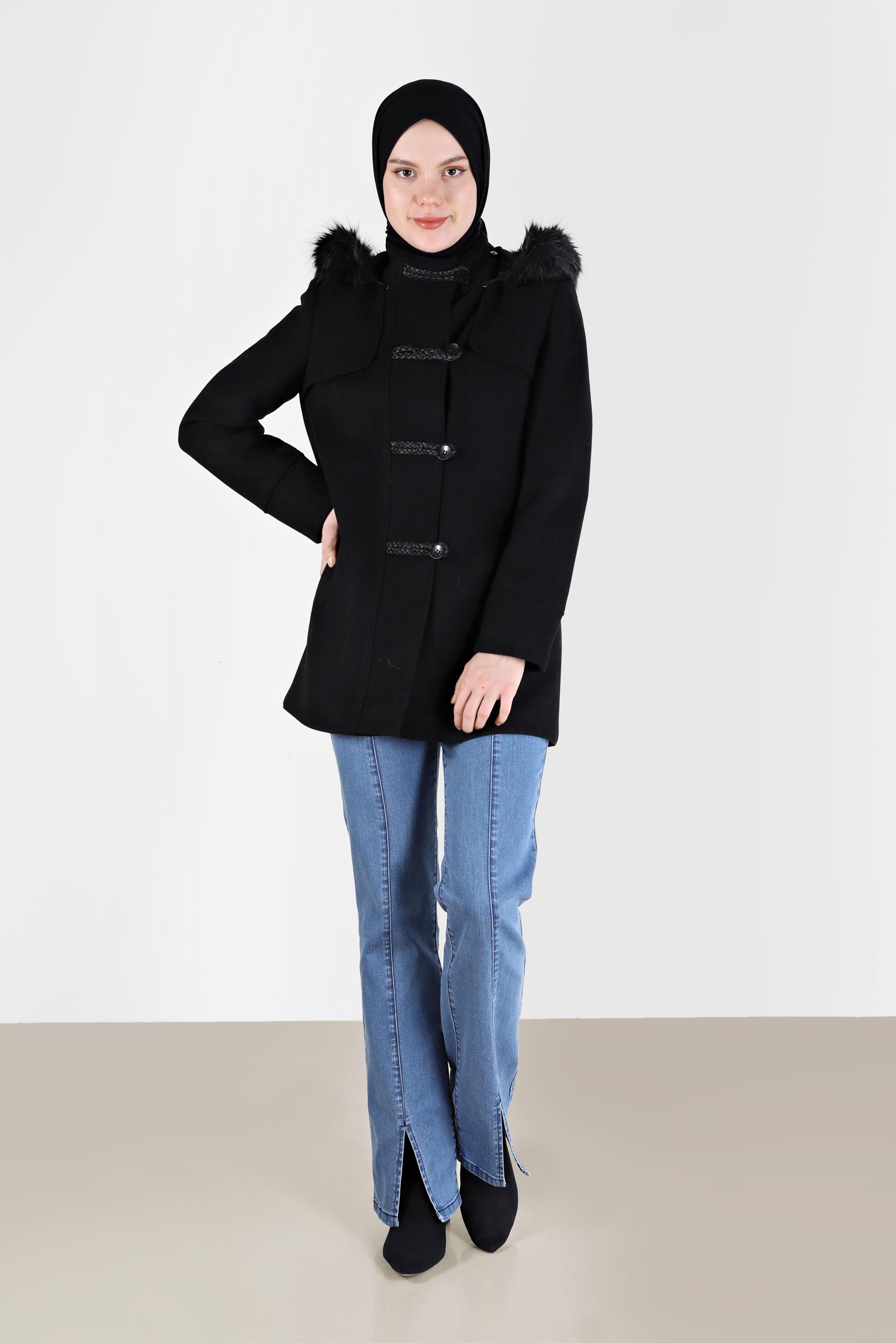 Hijab clothing BLACK FURRY HOODED COAT WITH POCKET 90241 