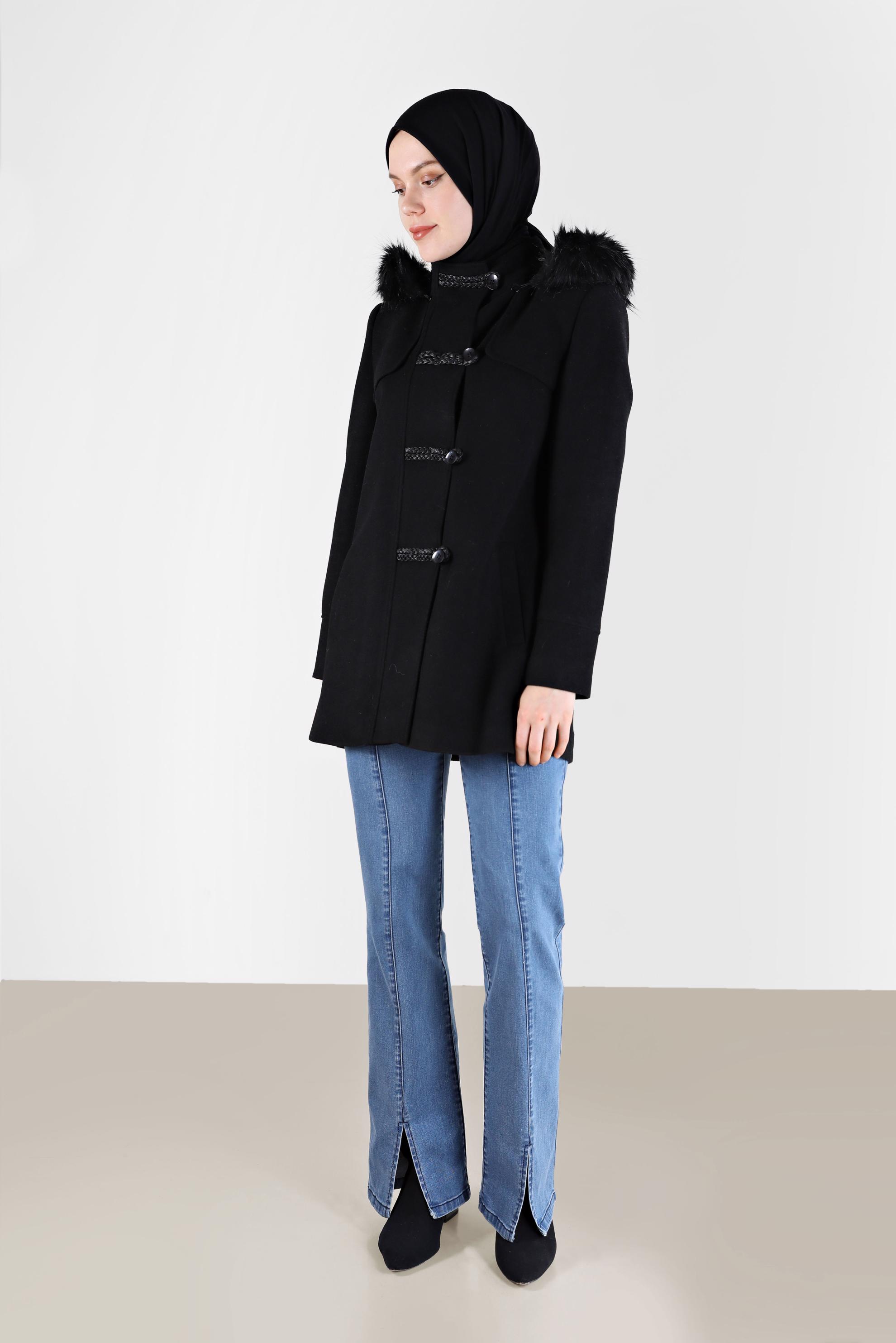 Hijab clothing BLACK FURRY HOODED COAT WITH POCKET 90241 