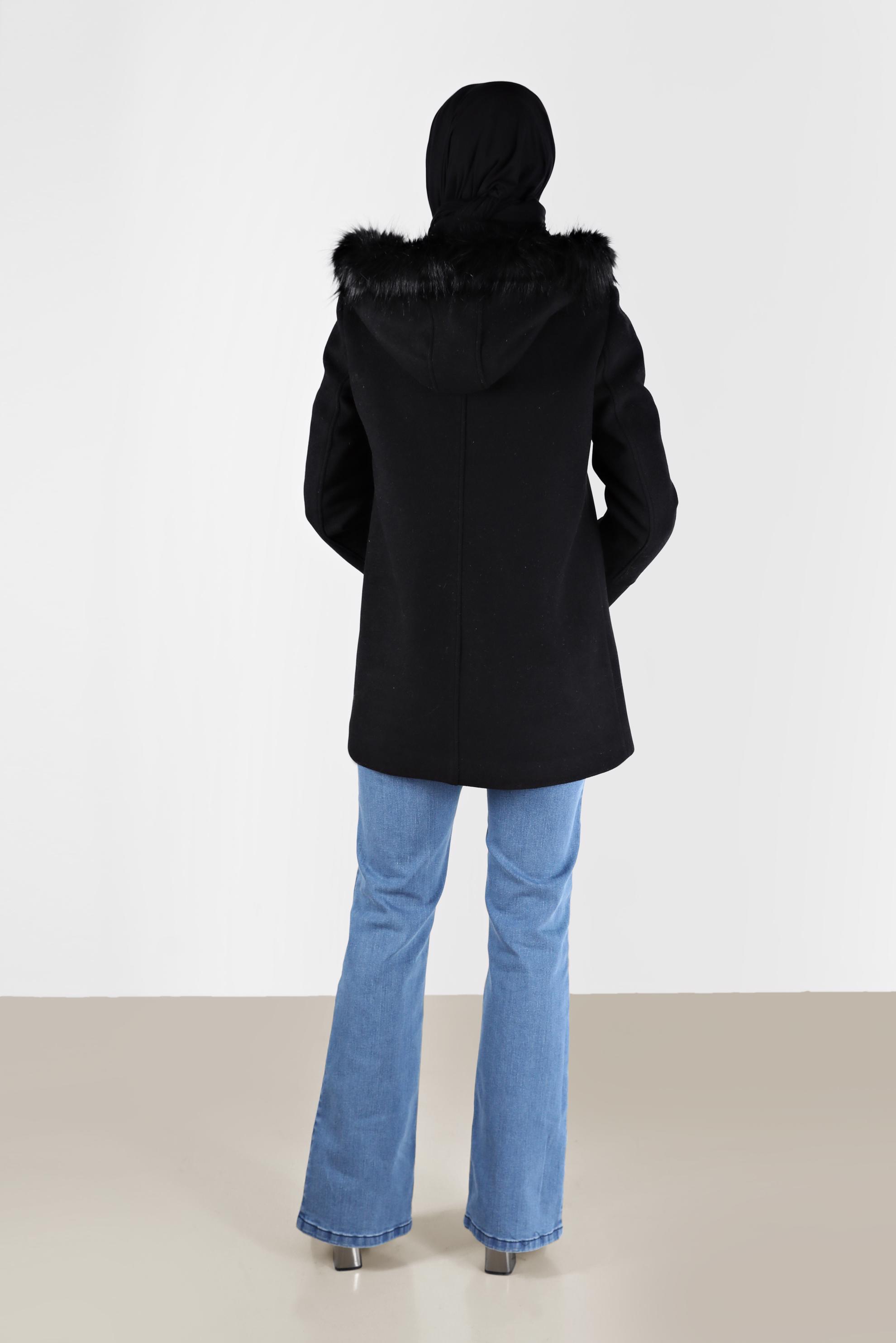 Hijab clothing BLACK FURRY HOODED COAT WITH POCKET 90241 