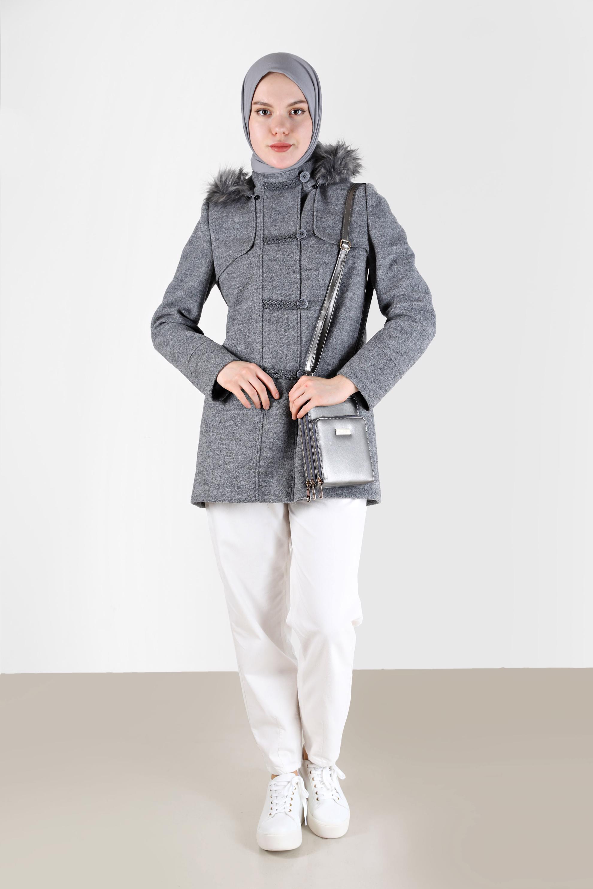Hijab clothing GREY FURRY HOODED COAT WITH POCKET 90241 