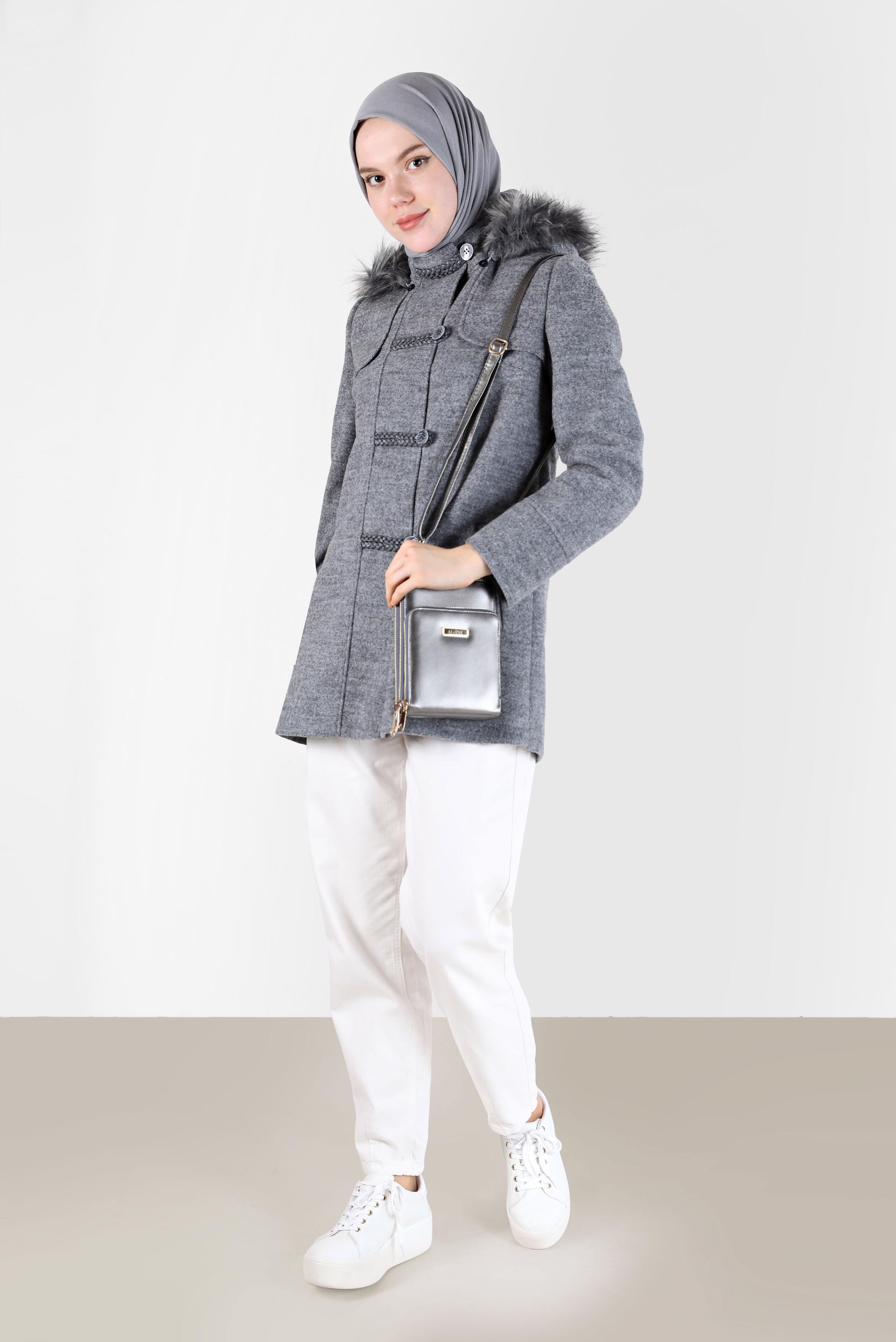 Hijab clothing GREY FURRY HOODED COAT WITH POCKET 90241 