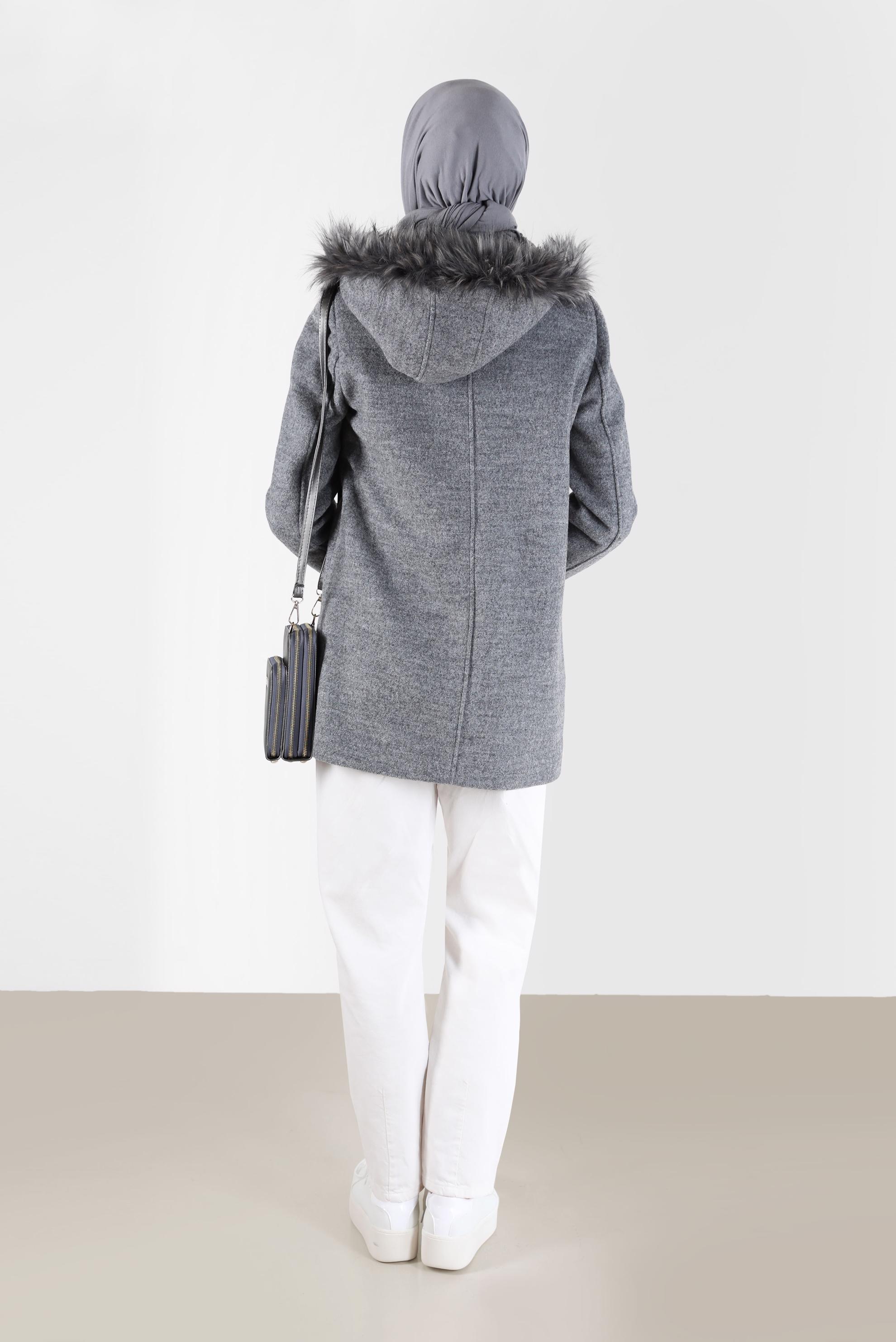 Hijab clothing GREY FURRY HOODED COAT WITH POCKET 90241 