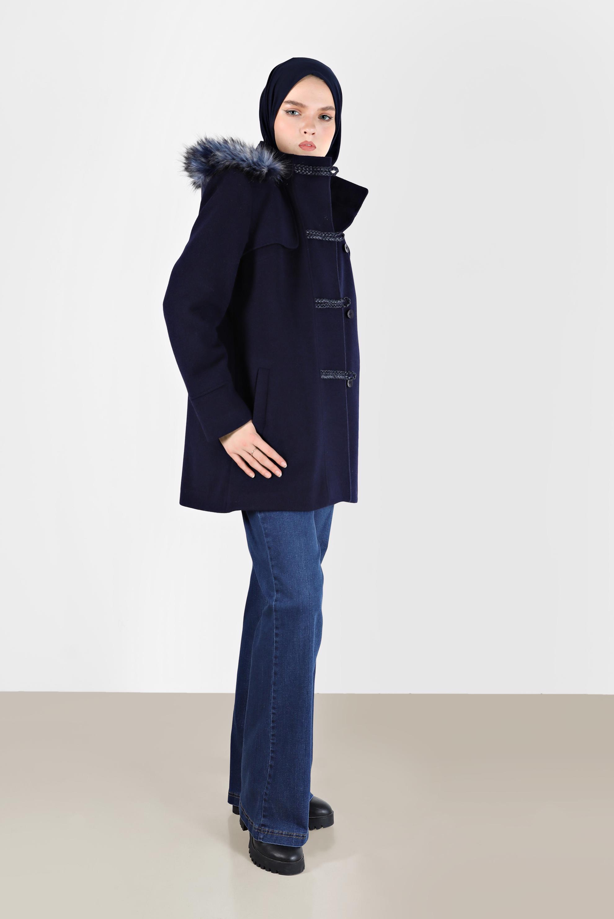 Hijab clothing NAVY BLUE FURRY HOODED COAT WITH POCKET 90241 