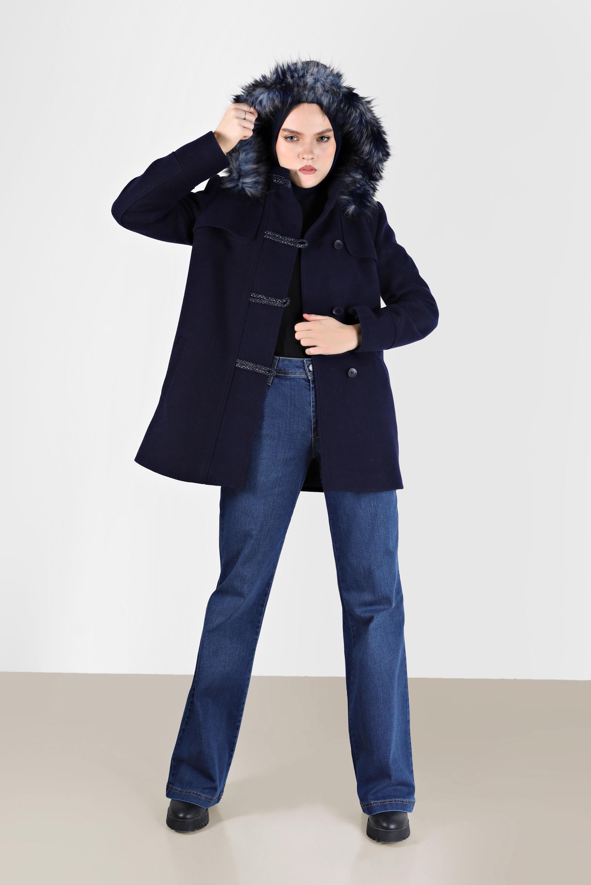 Hijab clothing NAVY BLUE FURRY HOODED COAT WITH POCKET 90241 