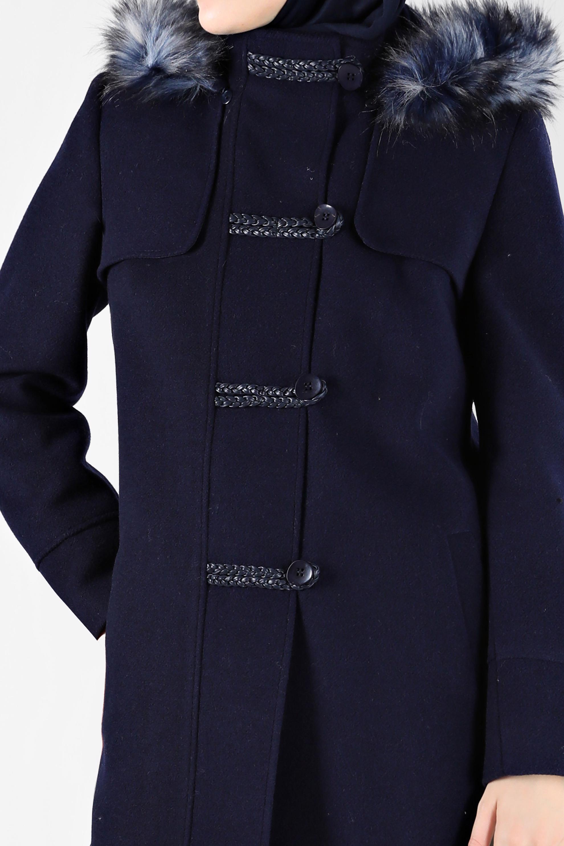 Hijab clothing NAVY BLUE FURRY HOODED COAT WITH POCKET 90241 