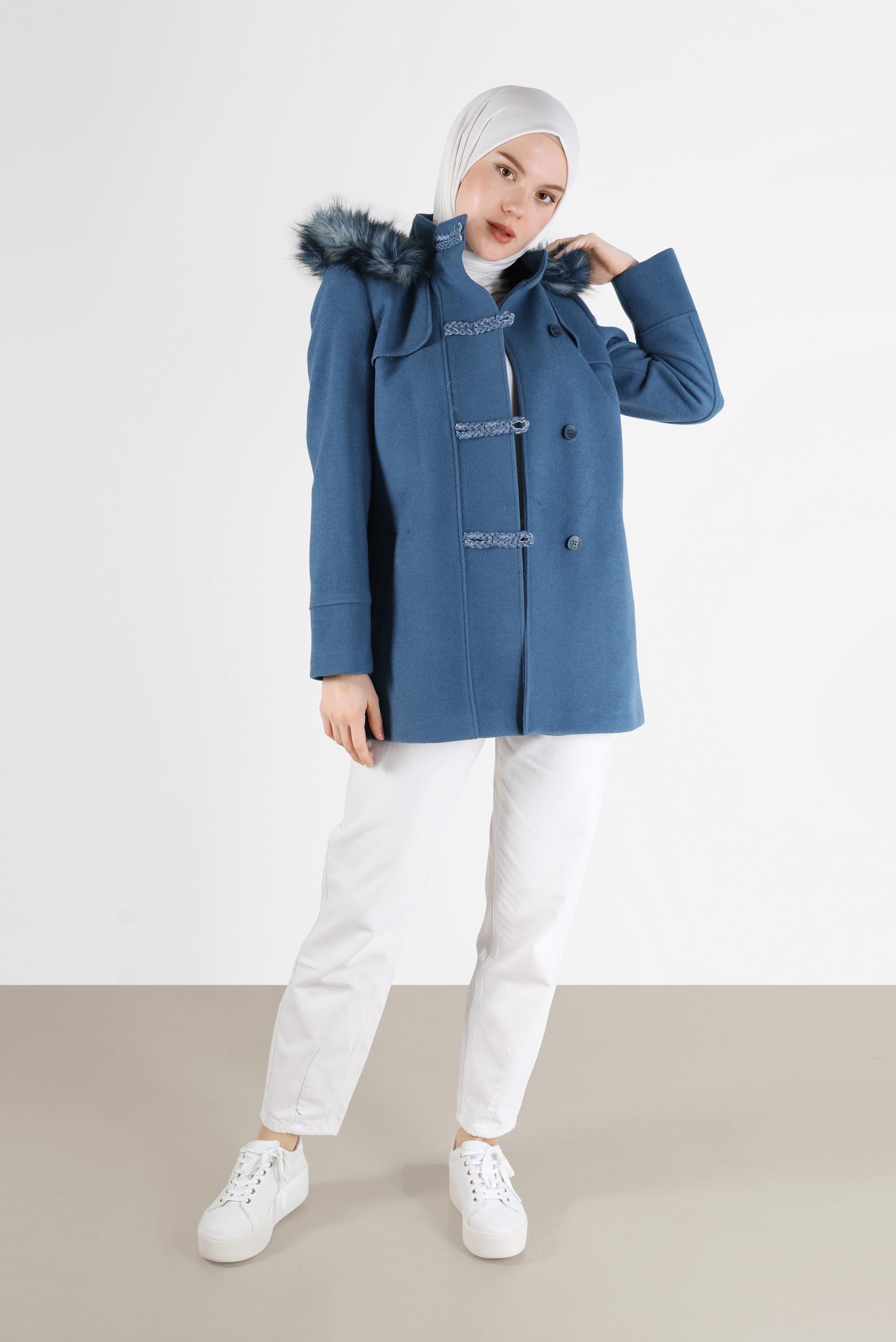 Hijab clothing NAVY BLUE FURRY HOODED COAT WITH POCKET 90241 
