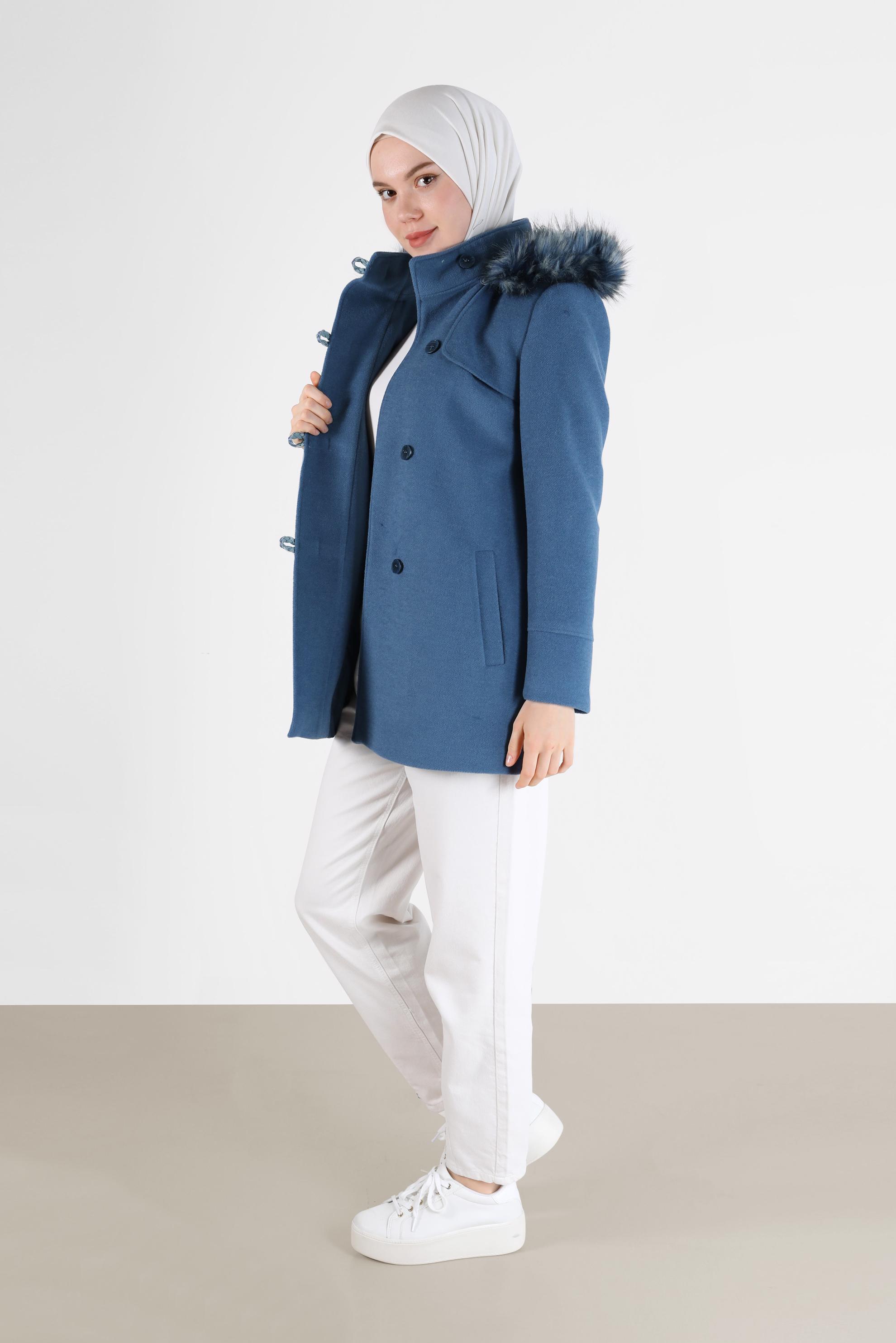 Hijab clothing NAVY BLUE FURRY HOODED COAT WITH POCKET 90241 