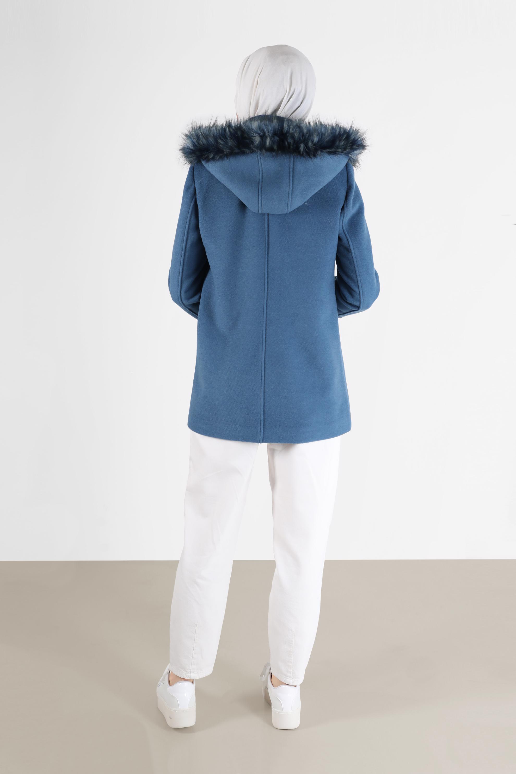 Hijab clothing NAVY BLUE FURRY HOODED COAT WITH POCKET 90241 
