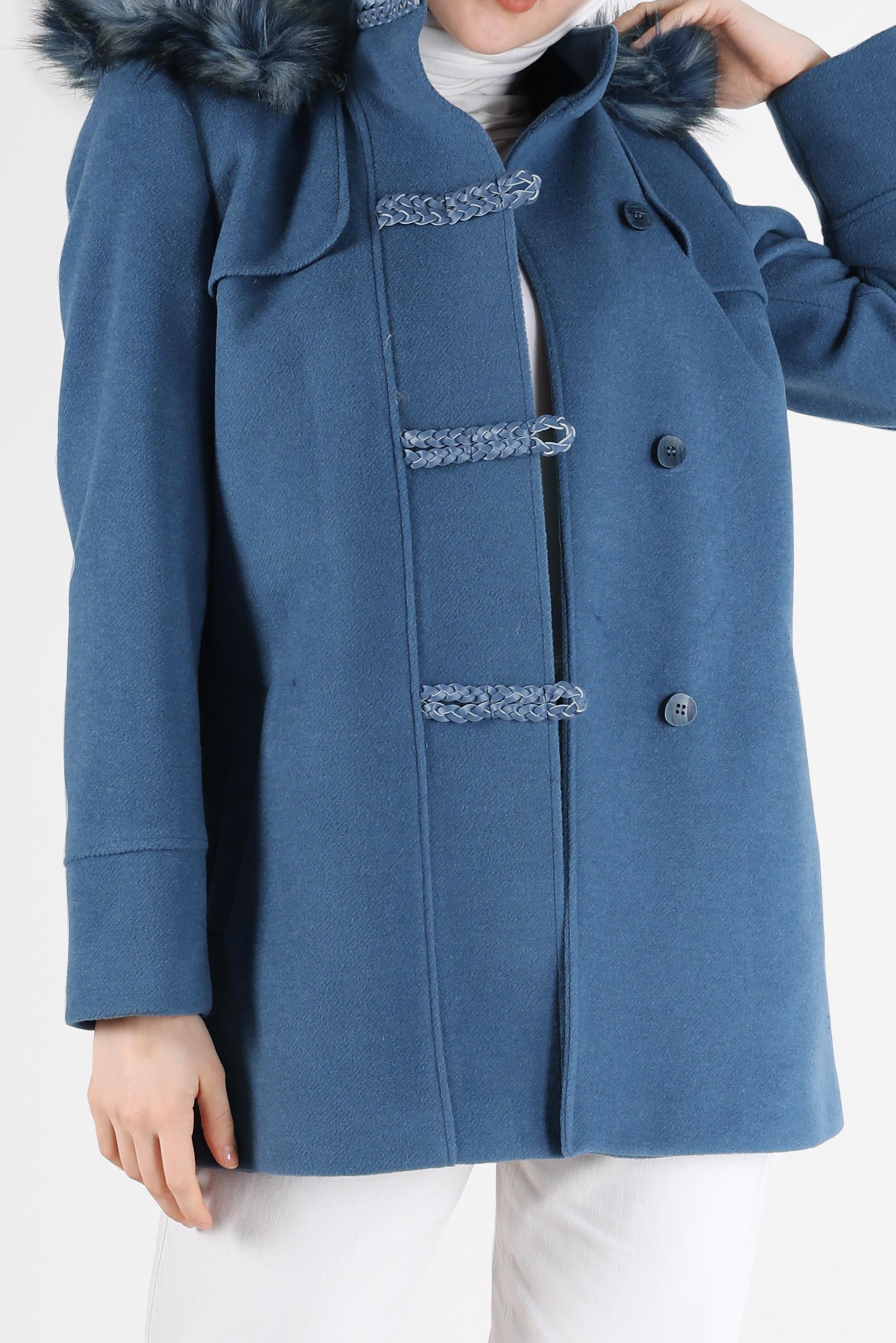 Hijab clothing NAVY BLUE FURRY HOODED COAT WITH POCKET 90241 