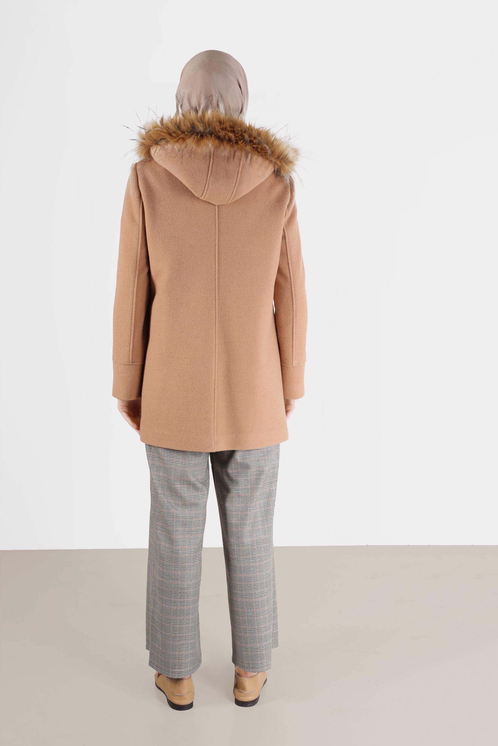 Hijab clothing BROWN FURRY HOODED COAT WITH POCKET 90241 