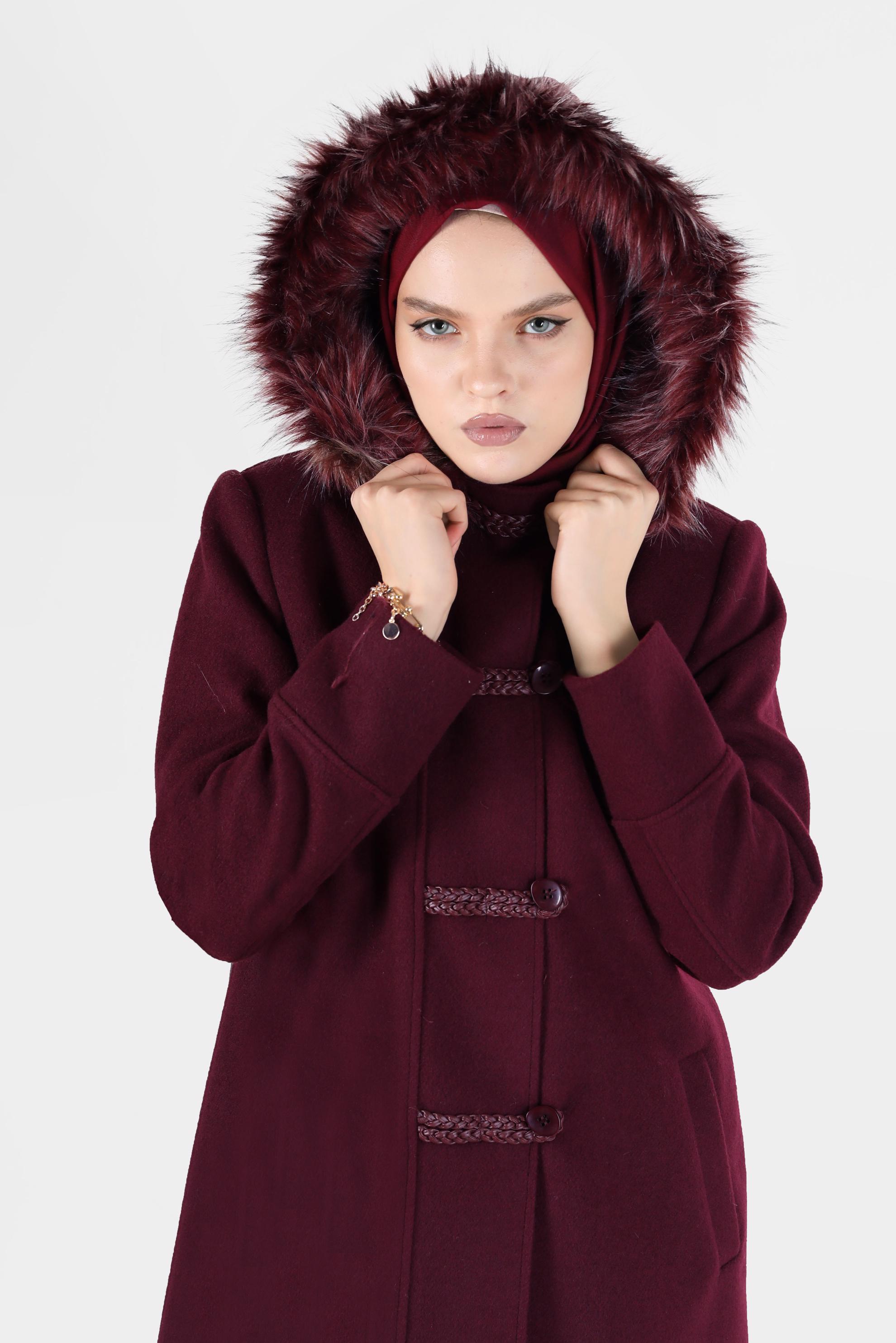 Hijab clothing CLARET RED FURRY HOODED COAT WITH POCKET 90241 