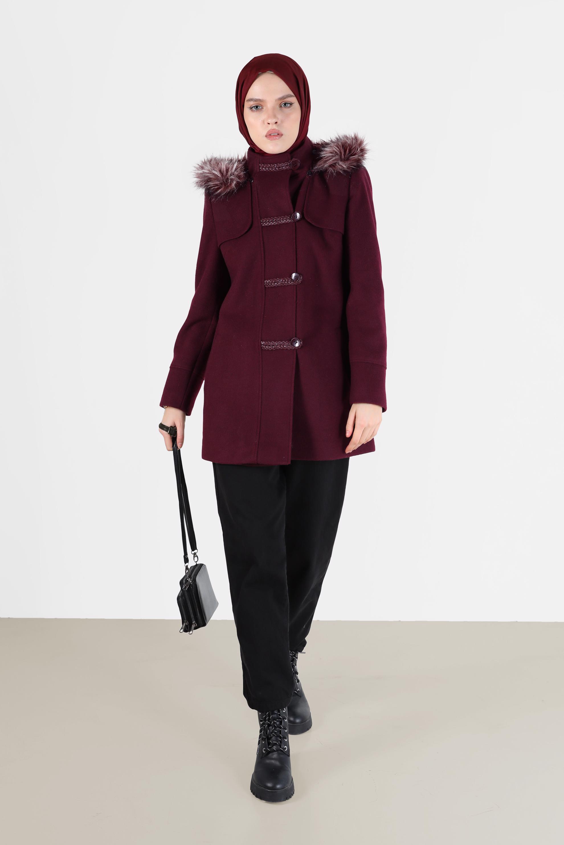 Hijab clothing CLARET RED FURRY HOODED COAT WITH POCKET 90241 
