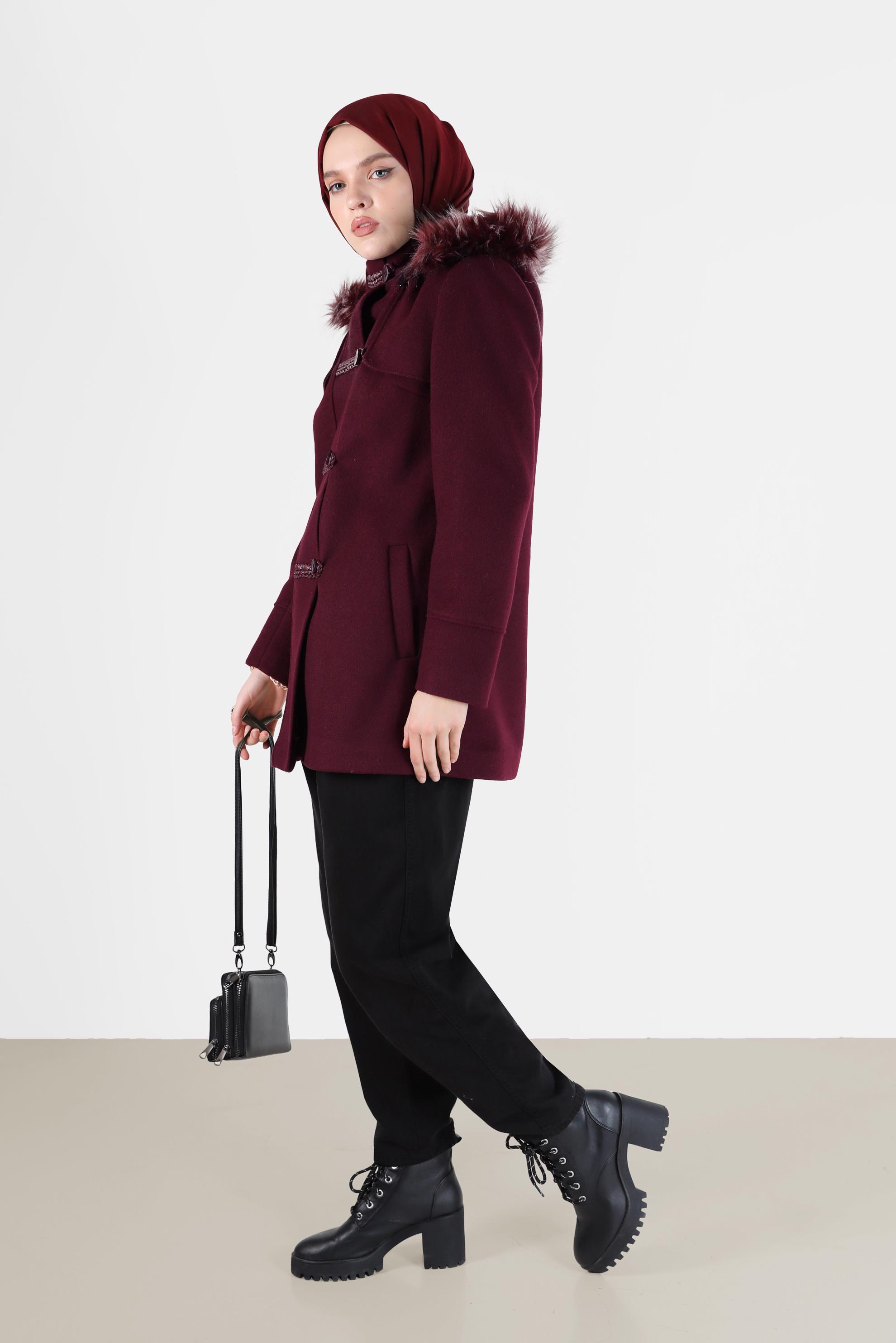 Hijab clothing CLARET RED FURRY HOODED COAT WITH POCKET 90241 