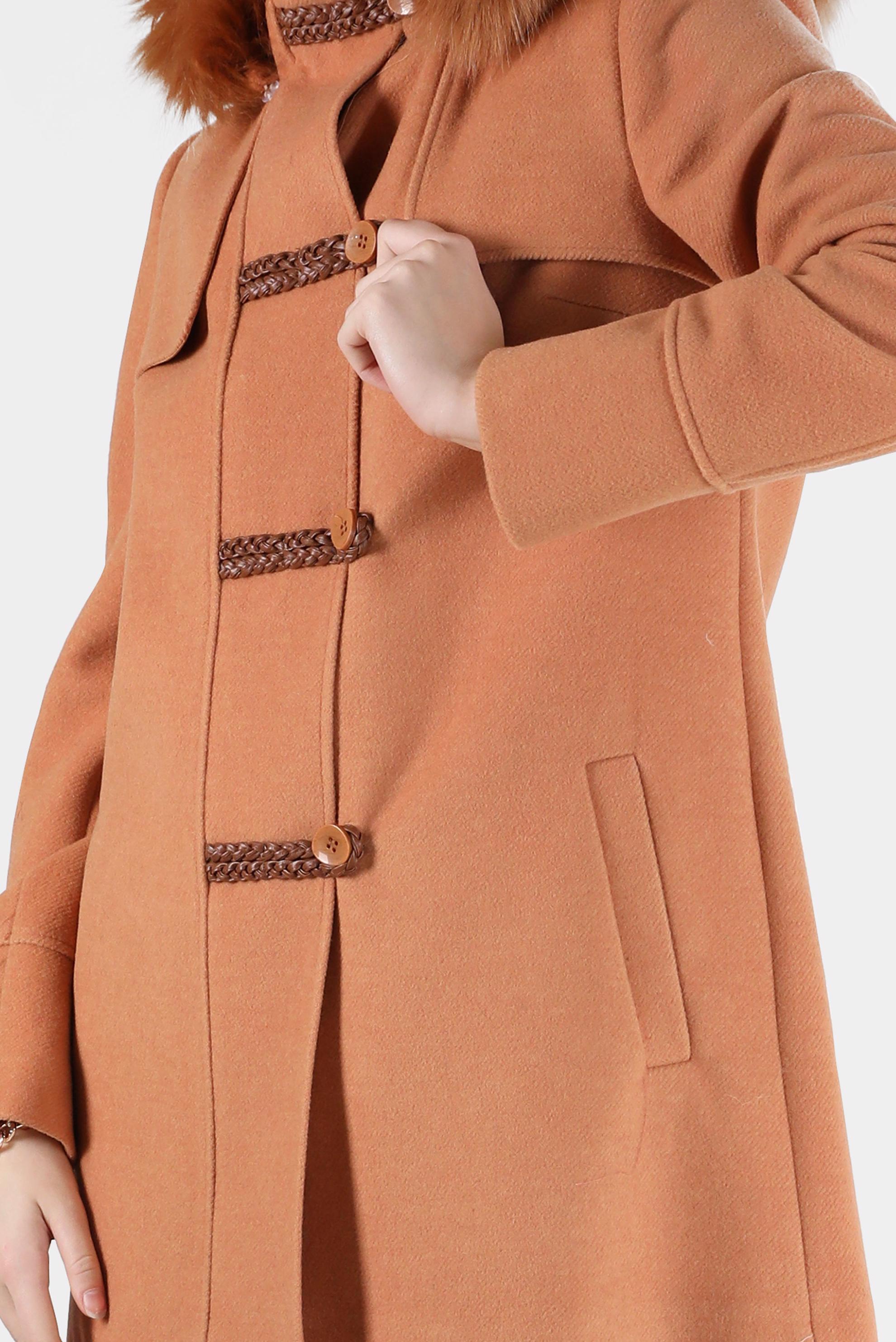 Tesettür giyim KAHVE KAPÜŞONU KÜRK DETAYLI CEPLİ KABAN 90241 