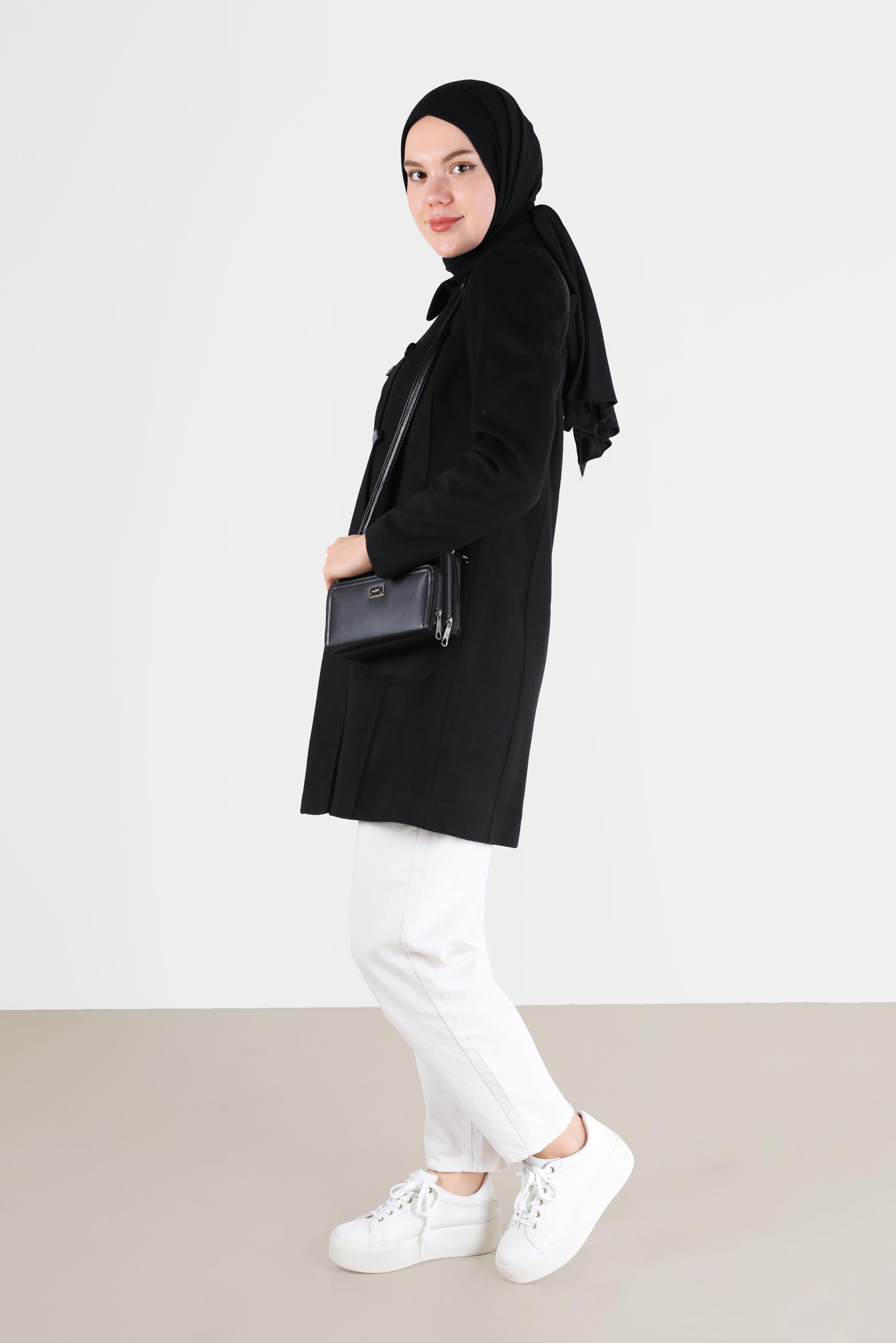 Vêtements hijab NOIR MANTEAU BOUTONNÉ À CAPUCHE 90242