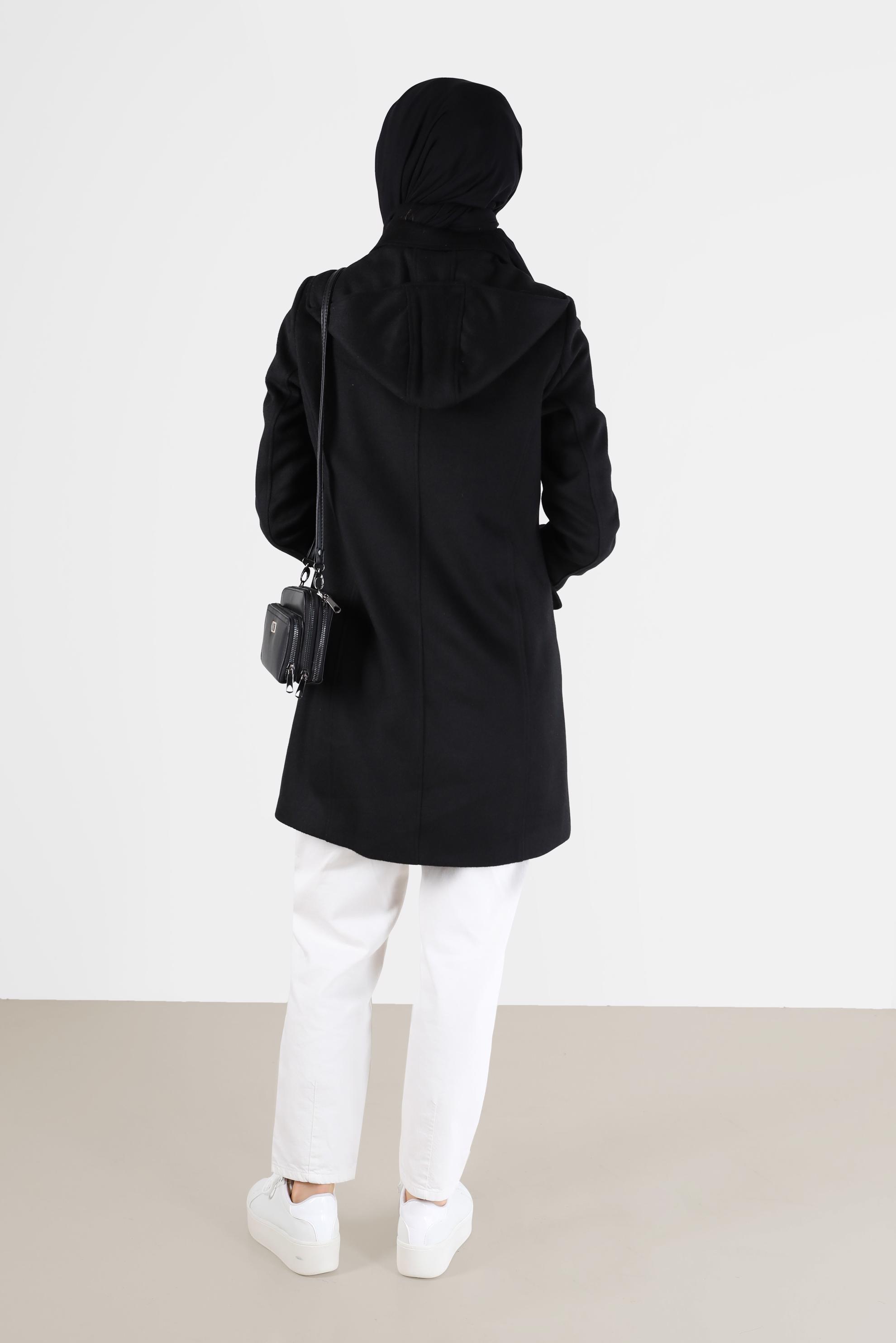 Vêtements hijab NOIR MANTEAU BOUTONNÉ À CAPUCHE 90242