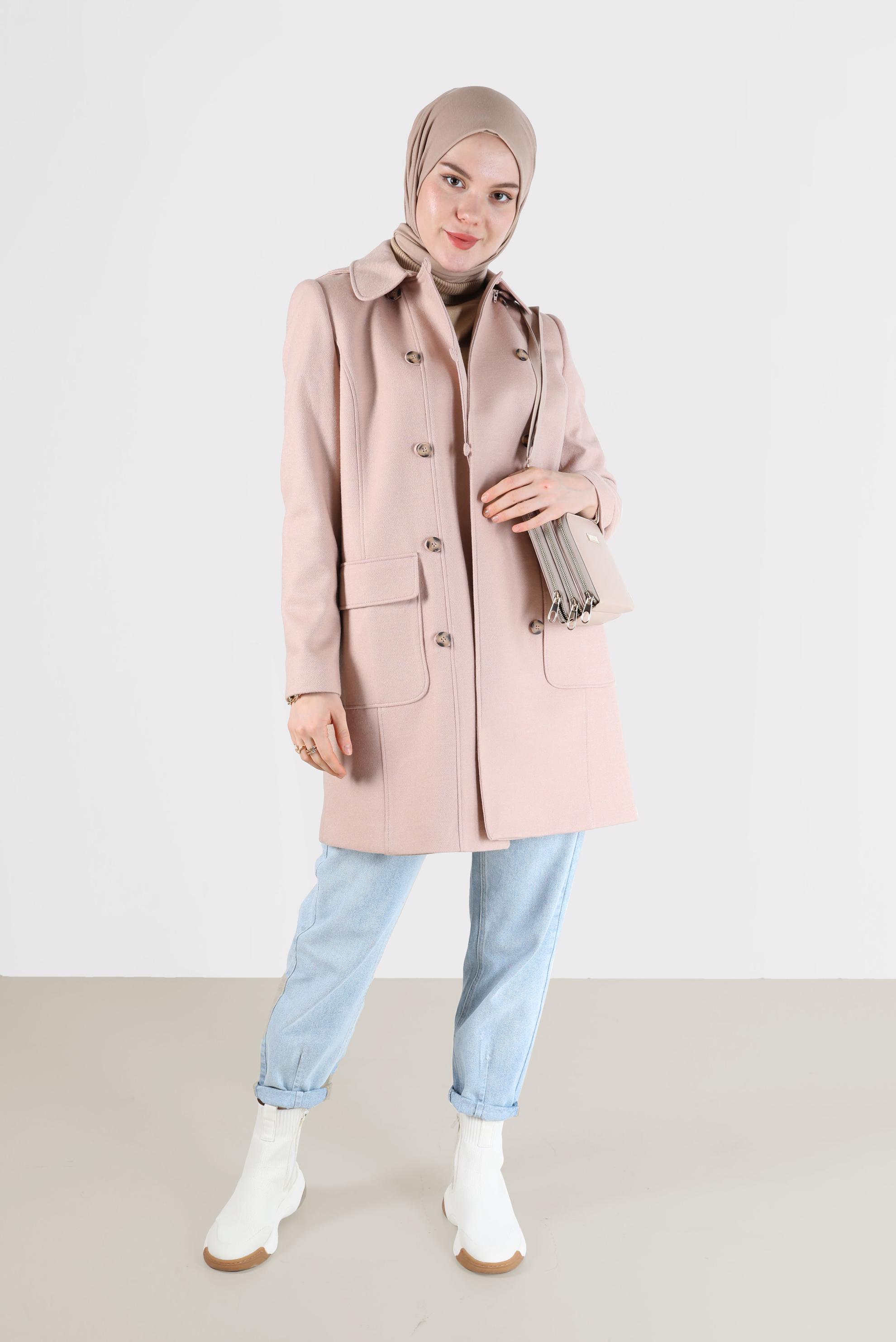 Hijab clothing BEIGE BUTTONED HOODED COAT 90242 