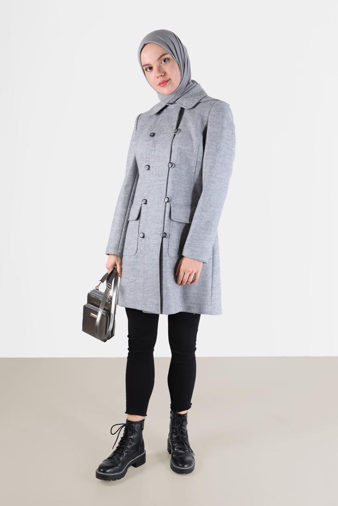 Tesettür giyim GRİ DÜĞMELİ KAPÜŞONLU KABAN 90242  - ALVİNA