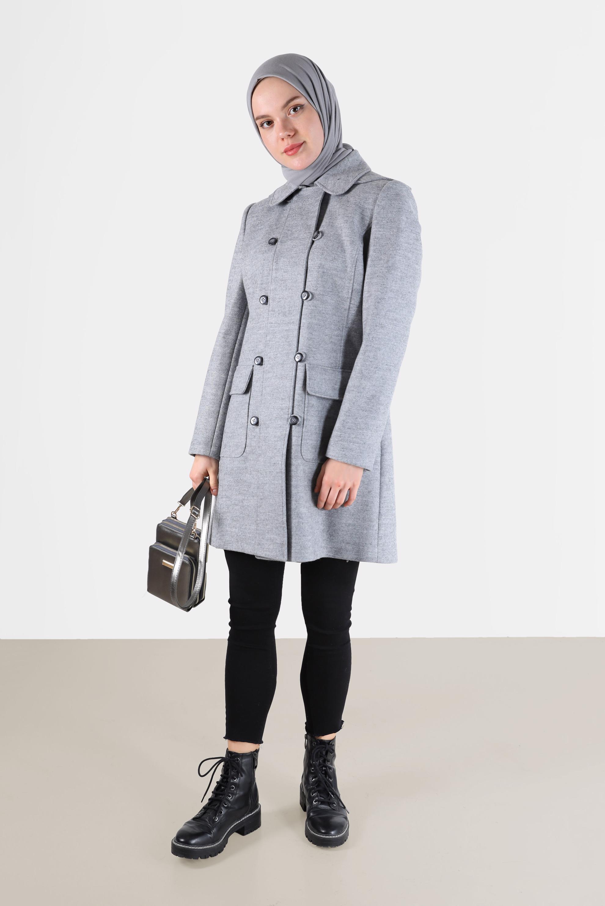 Tesettür giyim GRİ DÜĞMELİ KAPÜŞONLU KABAN 90242 