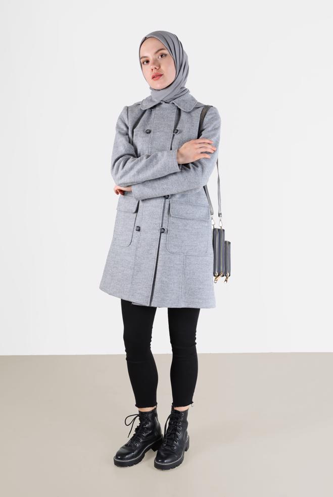Tesettür giyim GRİ DÜĞMELİ KAPÜŞONLU KABAN 90242  - ALVİNA