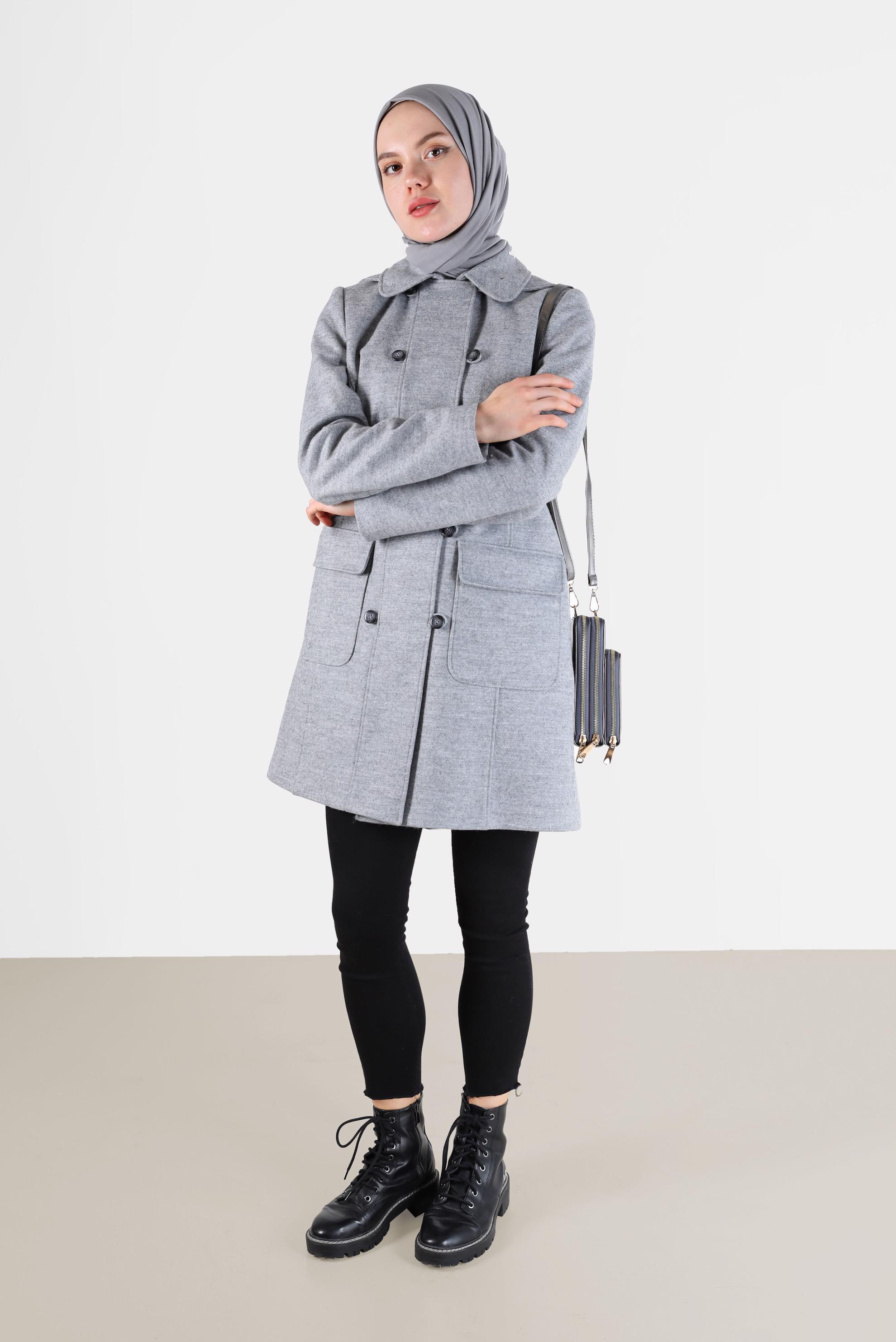 Tesettür giyim GRİ DÜĞMELİ KAPÜŞONLU KABAN 90242 