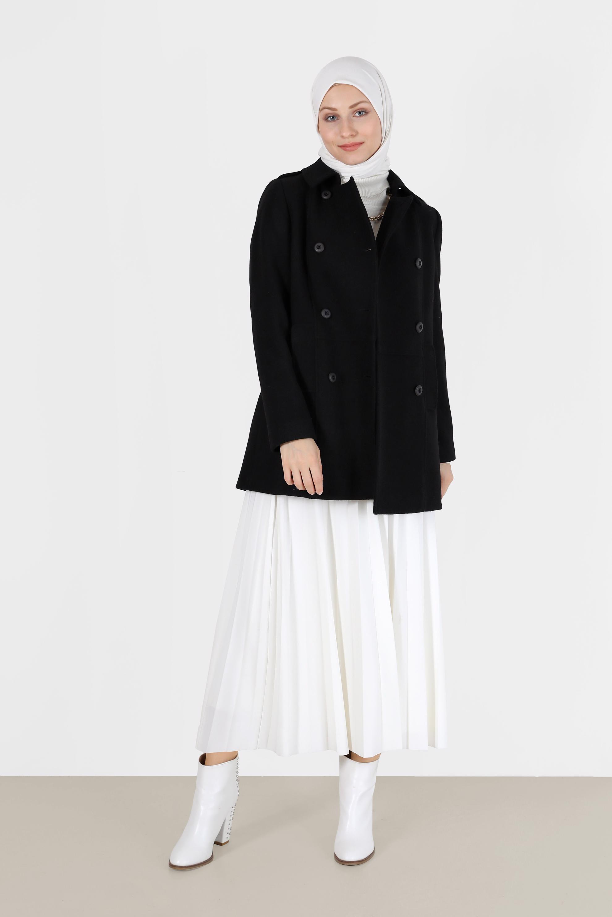 Tesettür giyim SİYAH DÜĞME DETAYLI CEPLİ KAŞE KABAN 90243 