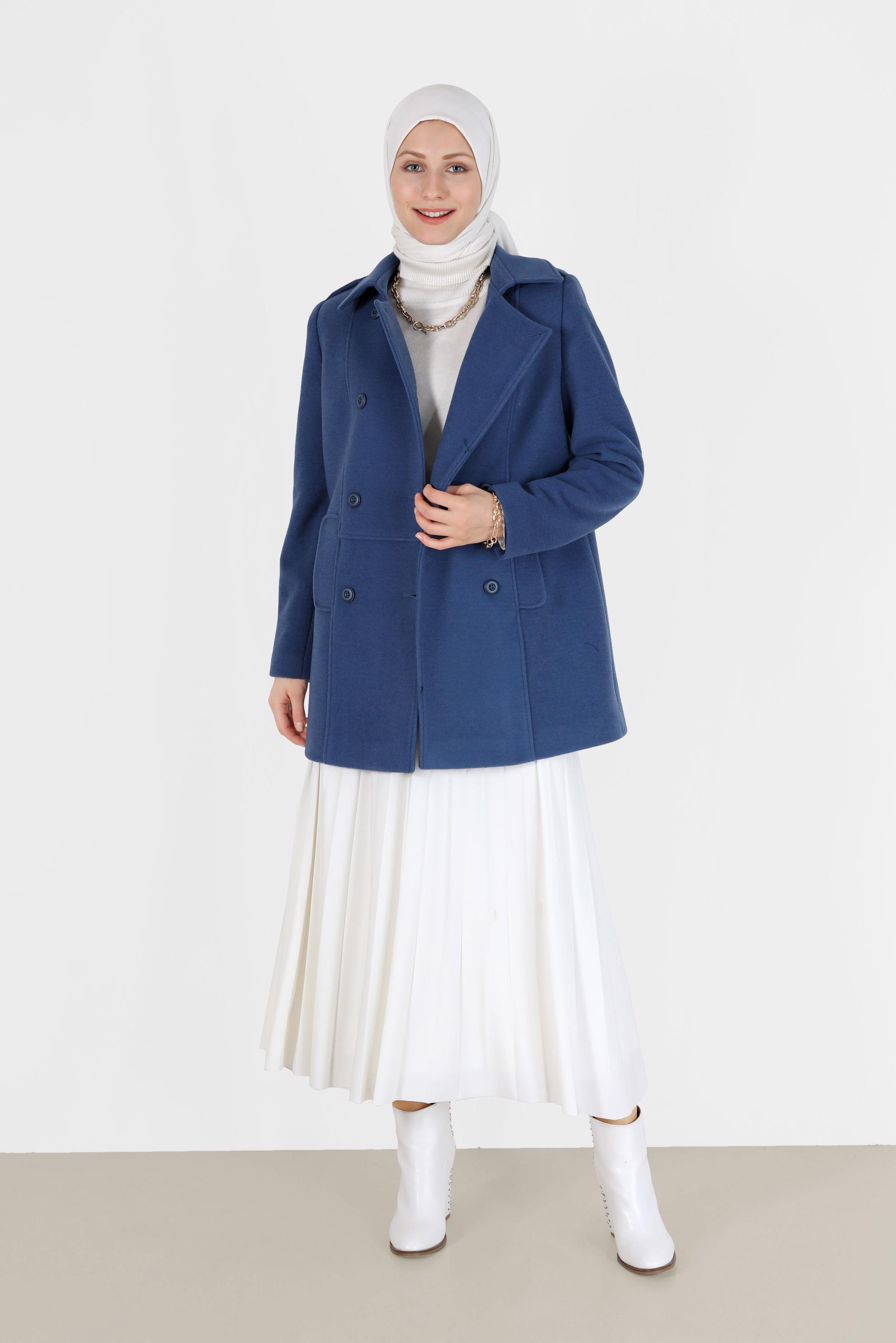 Tesettür giyim LACİVERT DÜĞME DETAYLI CEPLİ KAŞE KABAN 90243 