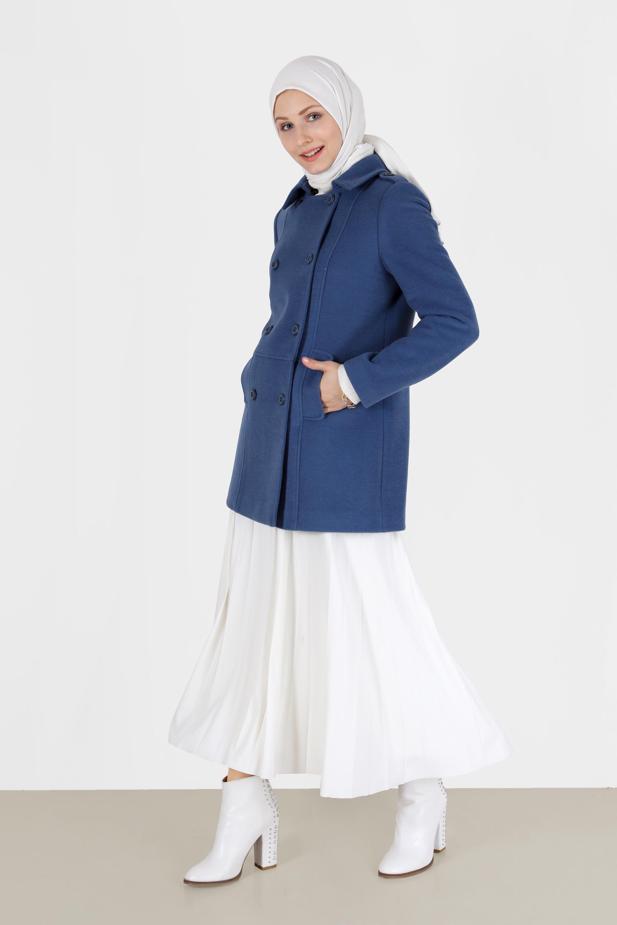 Tesettür giyim LACİVERT DÜĞME DETAYLI CEPLİ KAŞE KABAN 90243 