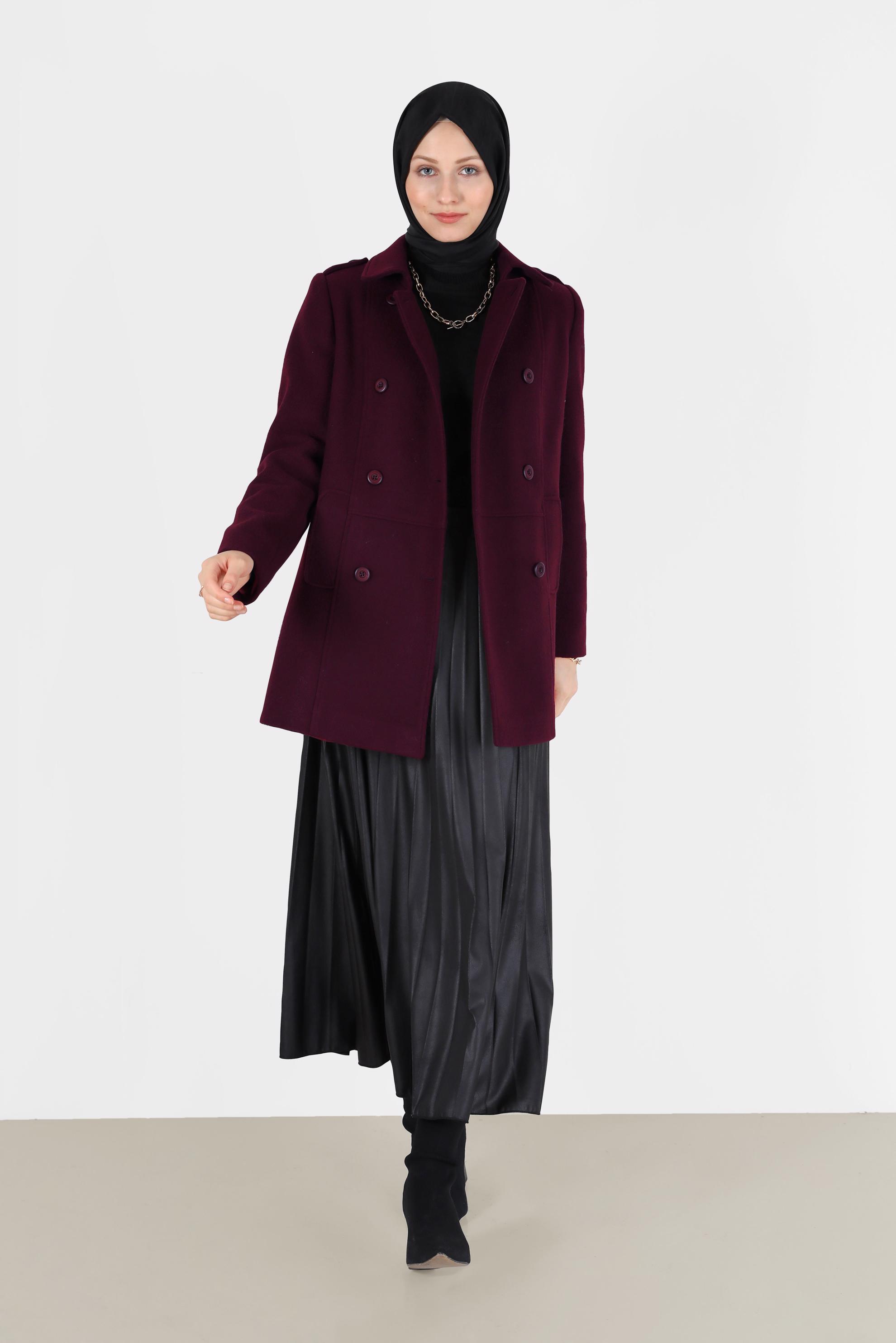 Tesettür giyim BORDO DÜĞME DETAYLI CEPLİ KAŞE KABAN 90243 