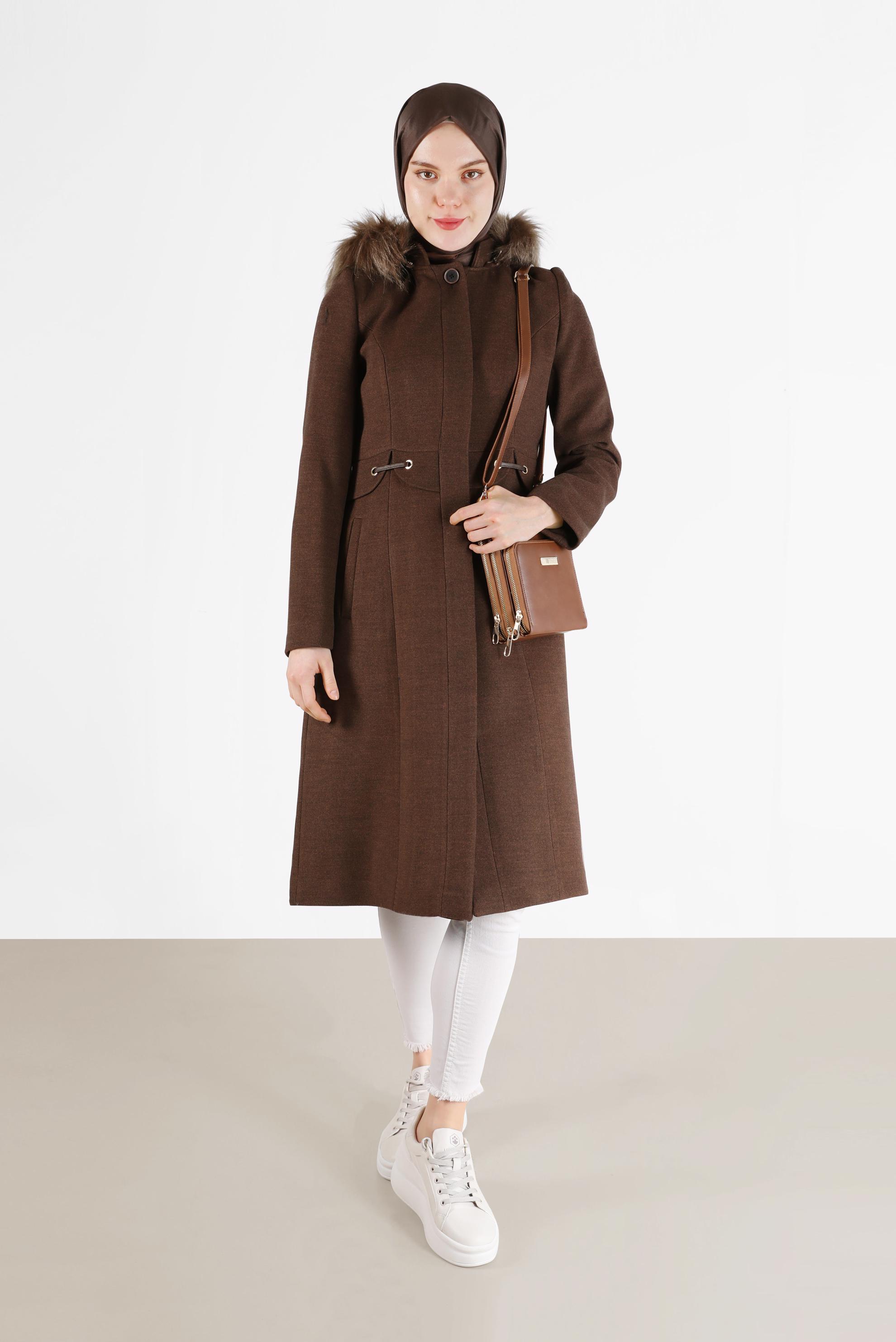 Hijab clothing BROWN EYELET DETAIL FURRY HOODED COAT 90248 