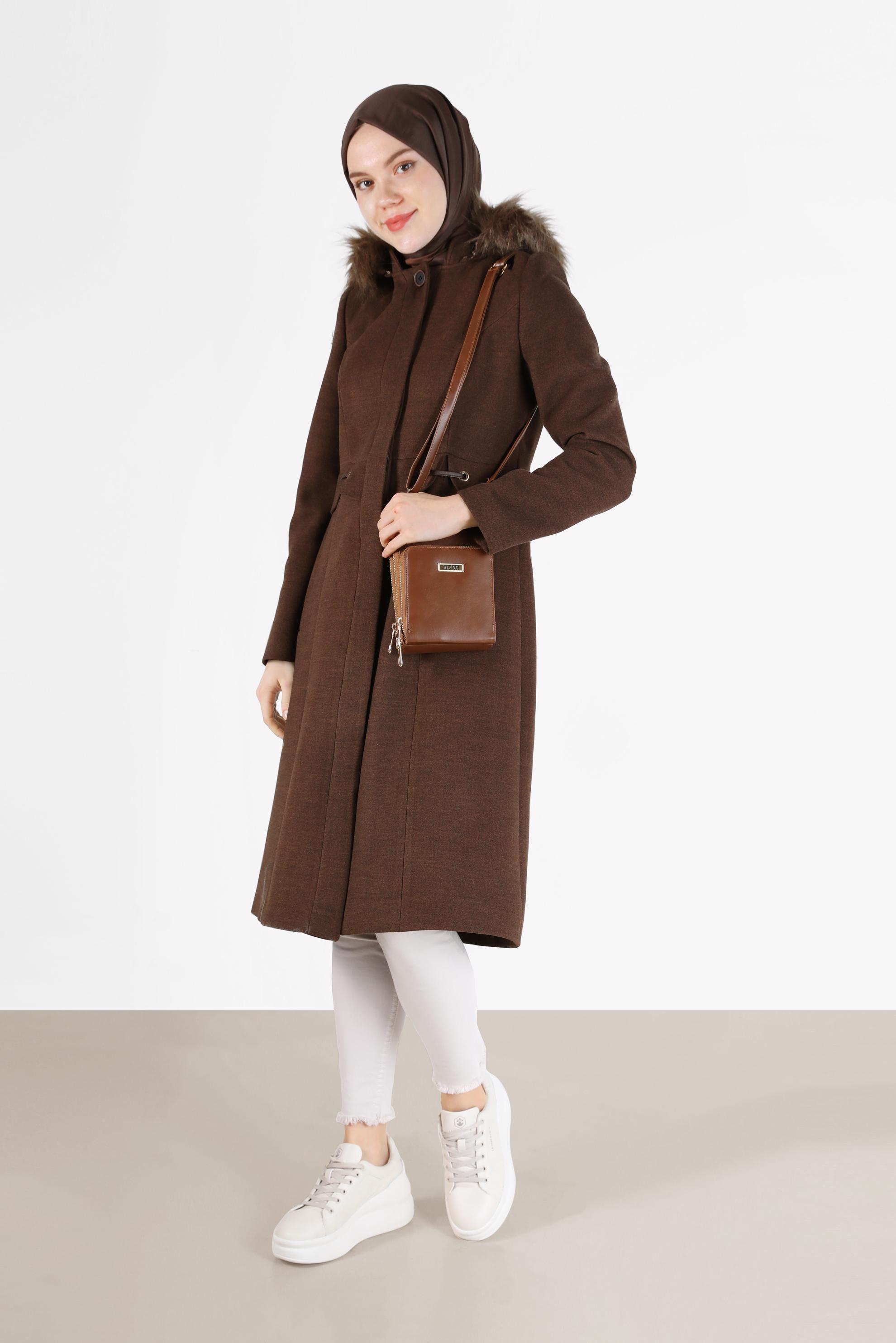 Hijab clothing BROWN EYELET DETAIL FURRY HOODED COAT 90248 