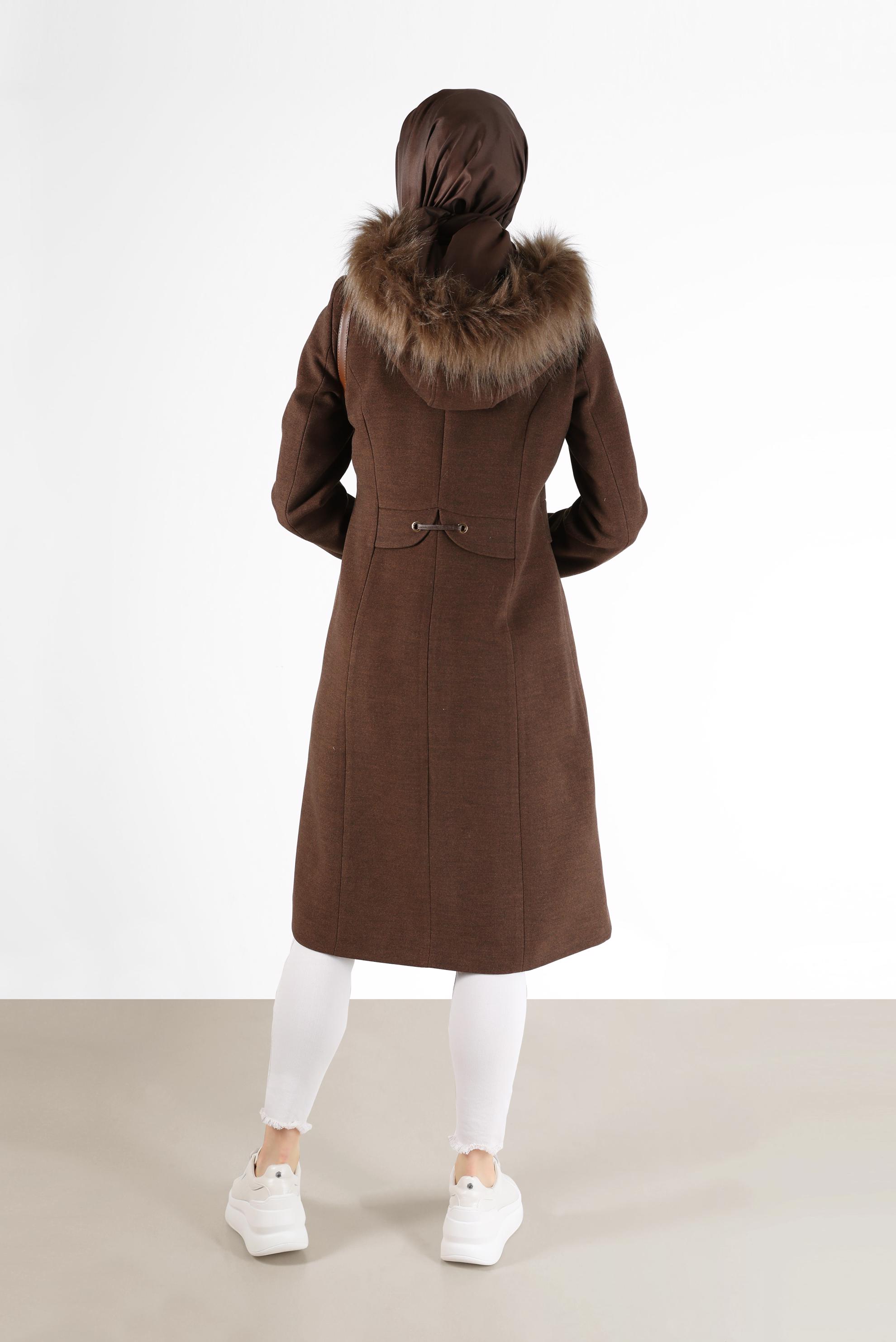 Hijab clothing BROWN EYELET DETAIL FURRY HOODED COAT 90248 
