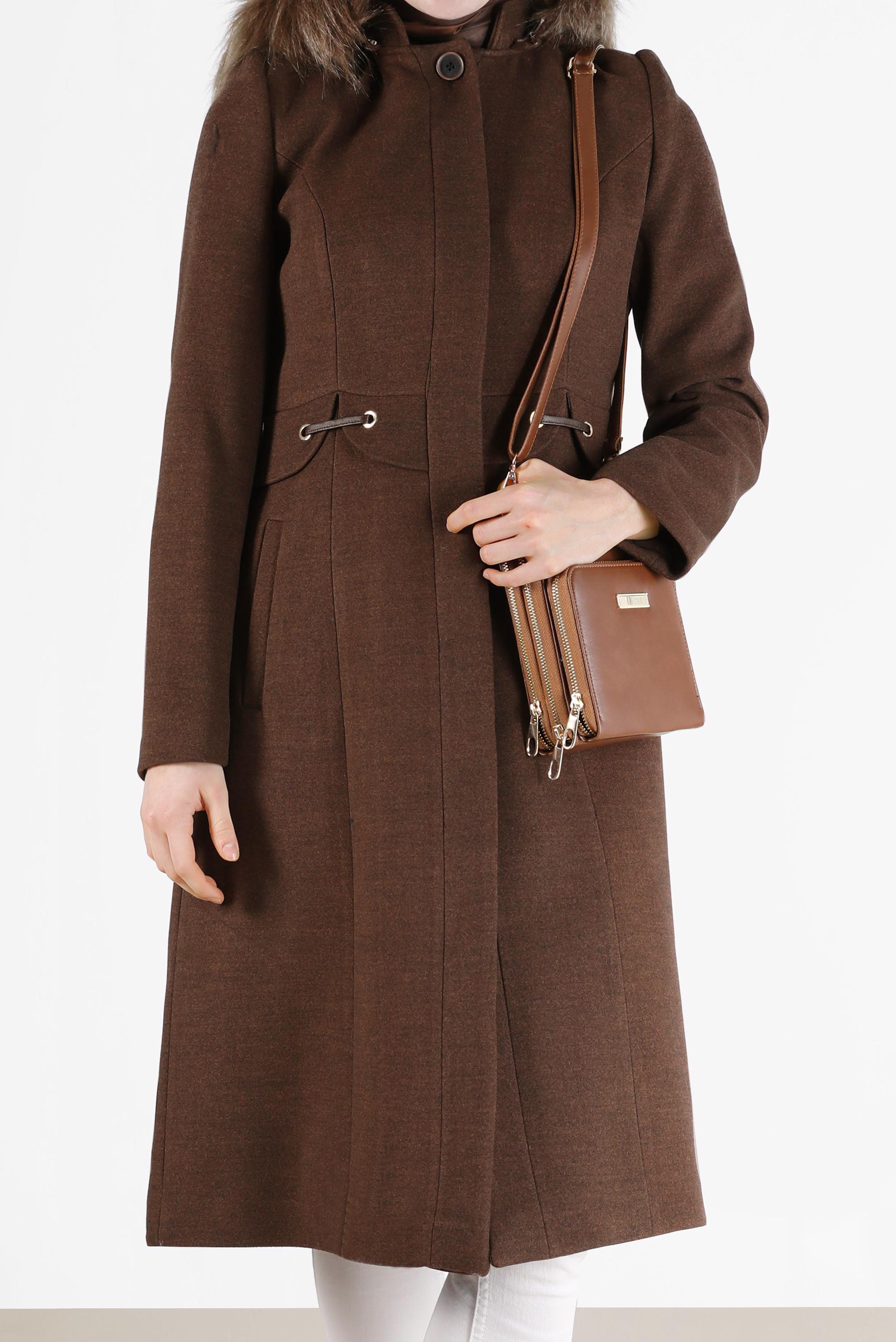 Hijab clothing BROWN EYELET DETAIL FURRY HOODED COAT 90248 