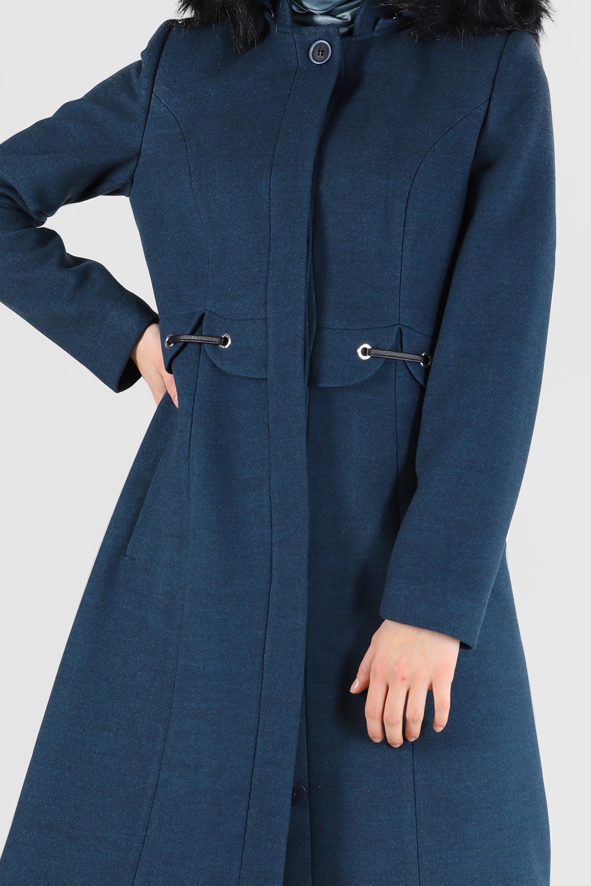 Tesettür giyim MAVİ KUŞGÖZÜ DETAYLI KAPÜŞONU KÜRKLÜ KABAN 90248